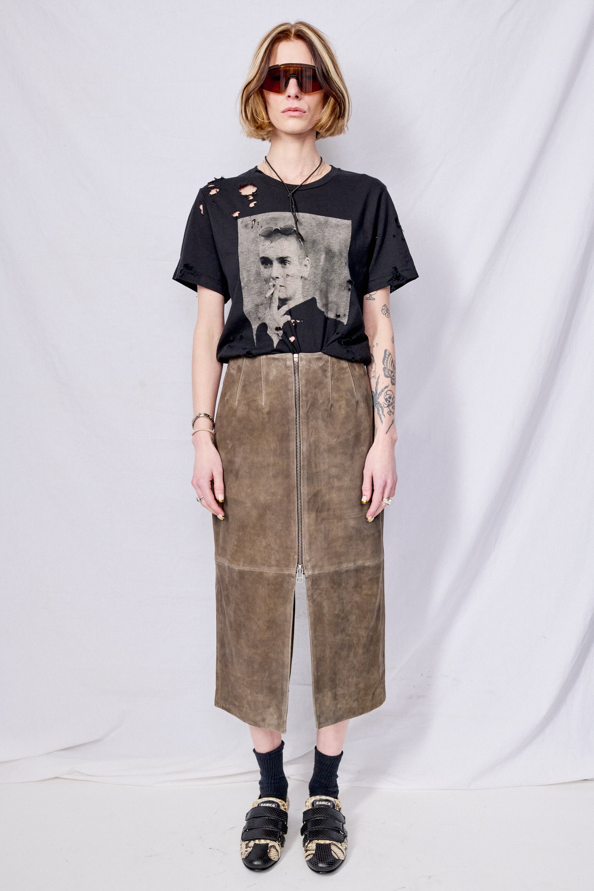 Antique Brown Leather Zip Midi Skirt