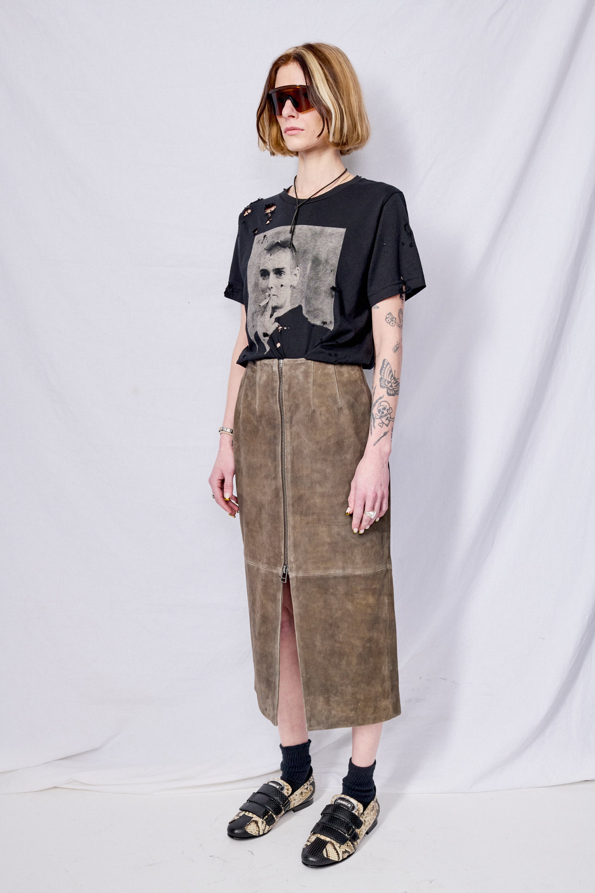 Antique Brown Leather Zip Midi Skirt