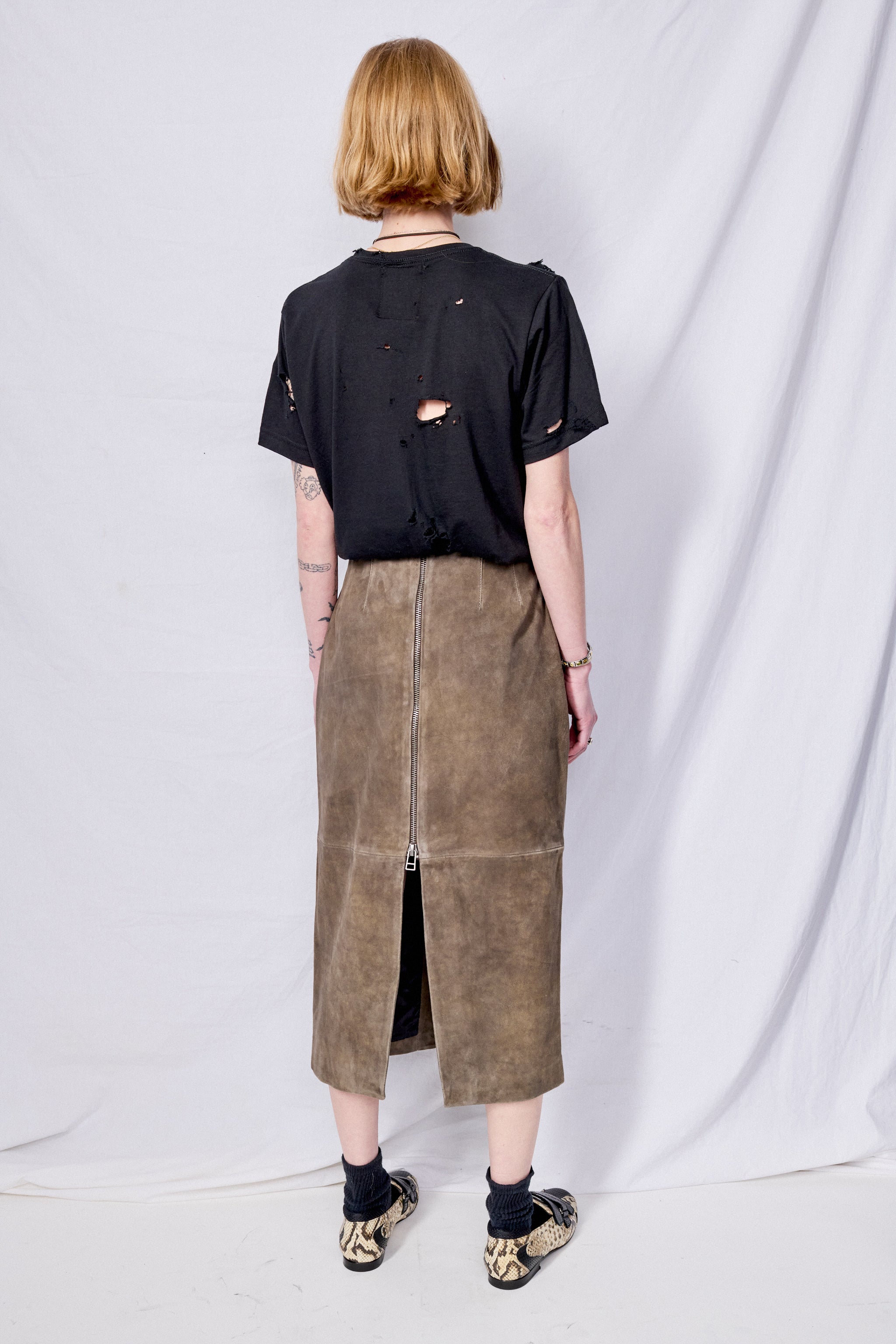 Antique Brown Leather Zip Midi Skirt