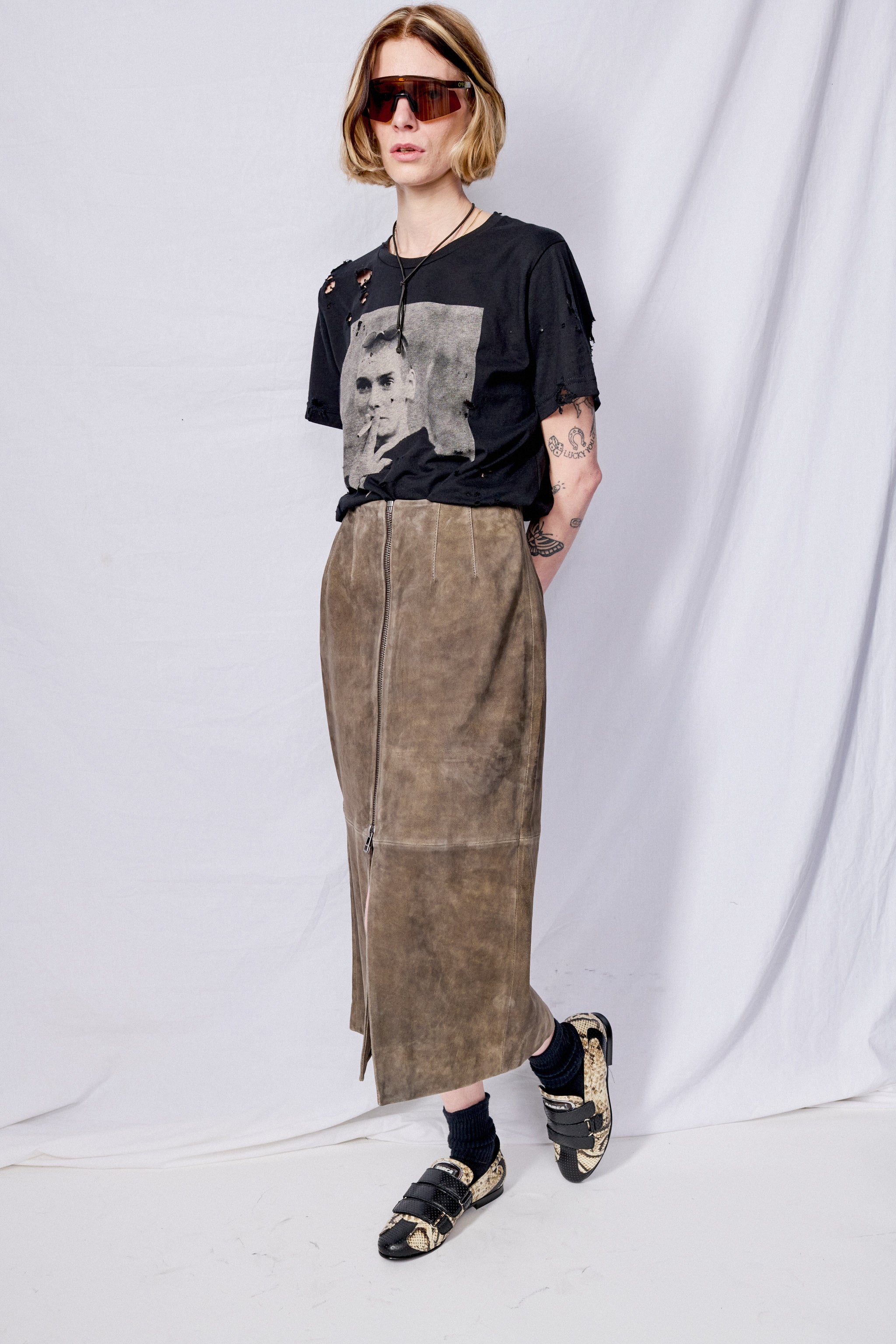 Antique Brown Leather Zip Midi Skirt