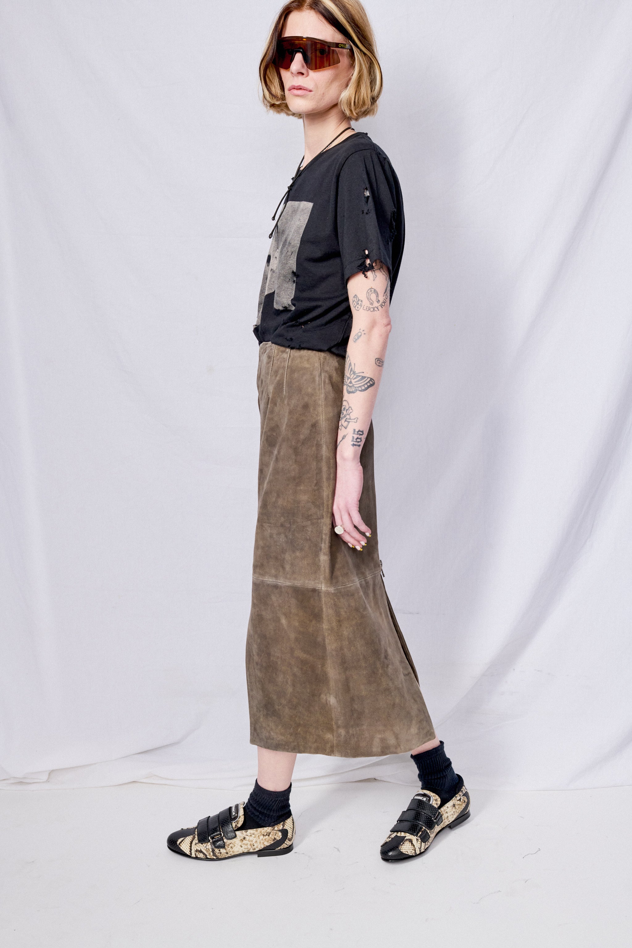 Antique Brown Leather Zip Midi Skirt