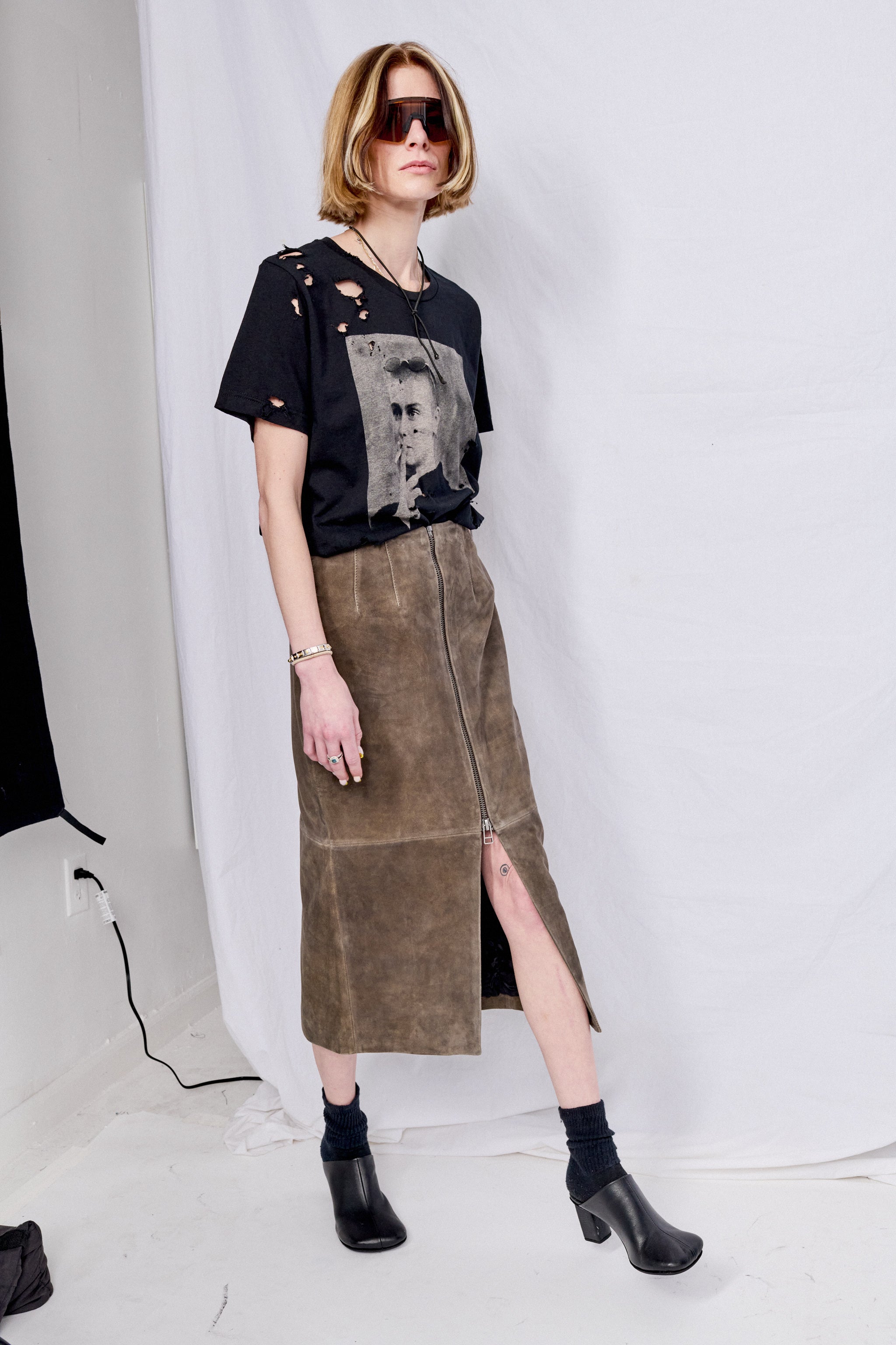 Antique Brown Leather Zip Midi Skirt