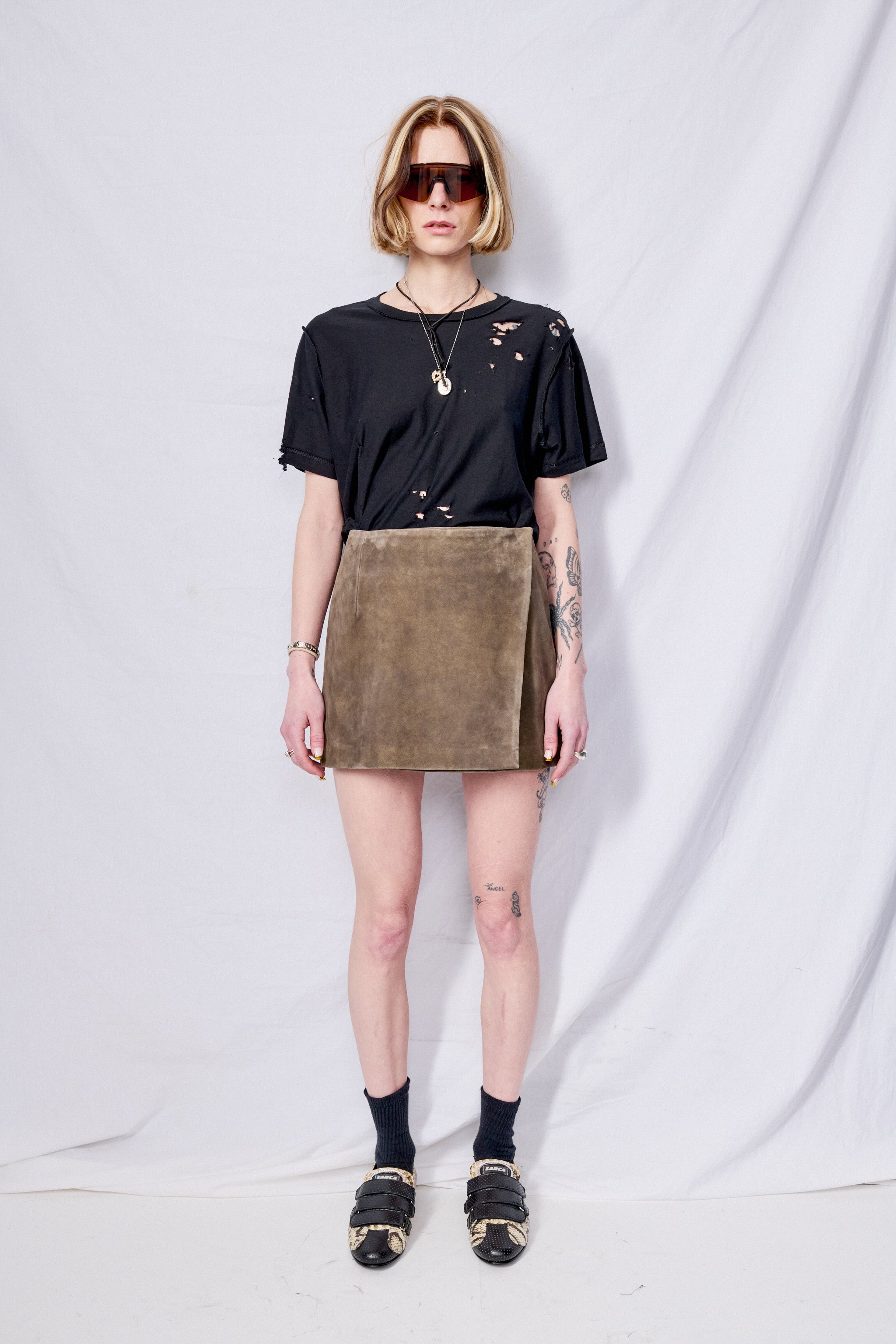 Antique Brown Leather Wrap Mini Skirt