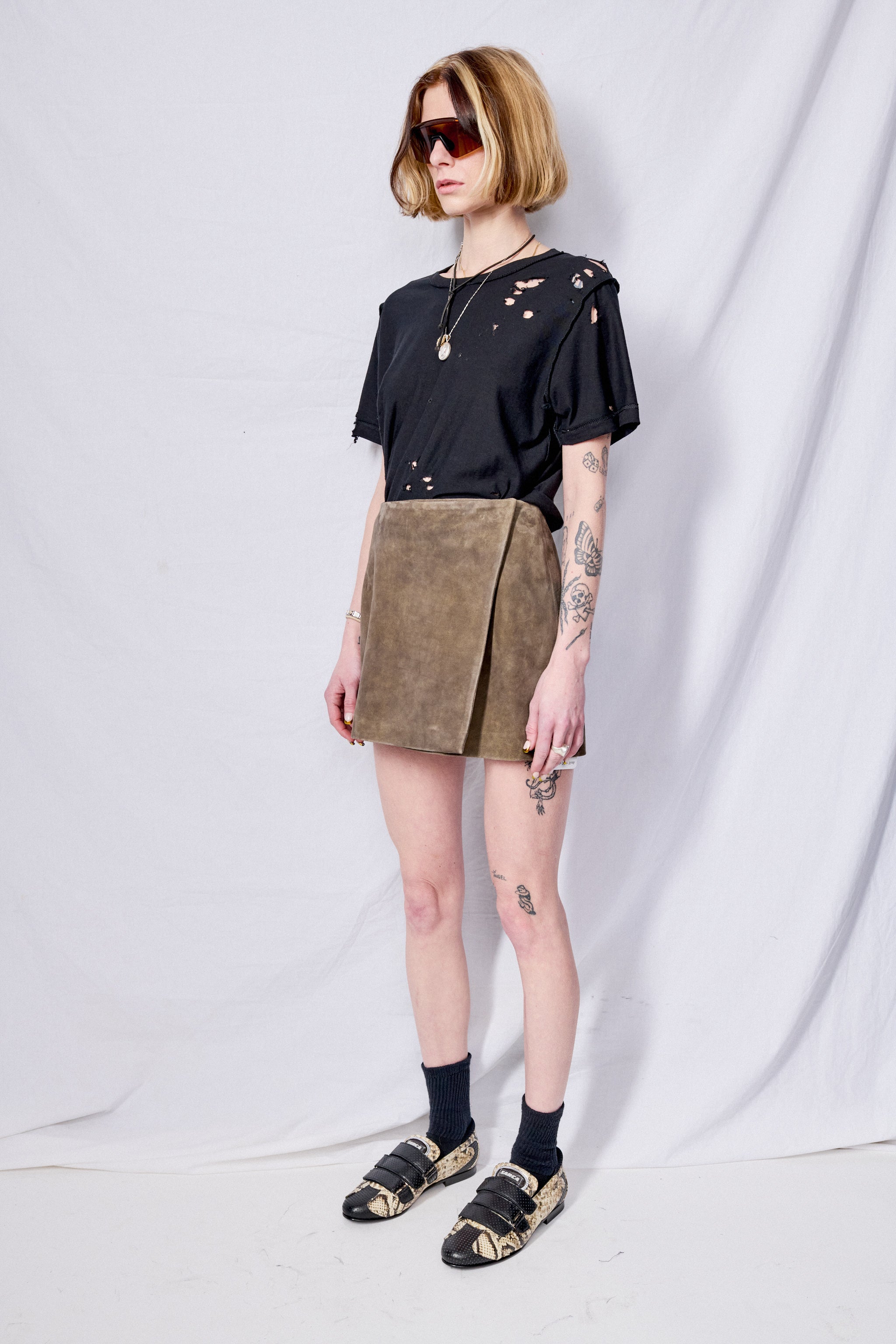 Antique Brown Leather Wrap Mini Skirt