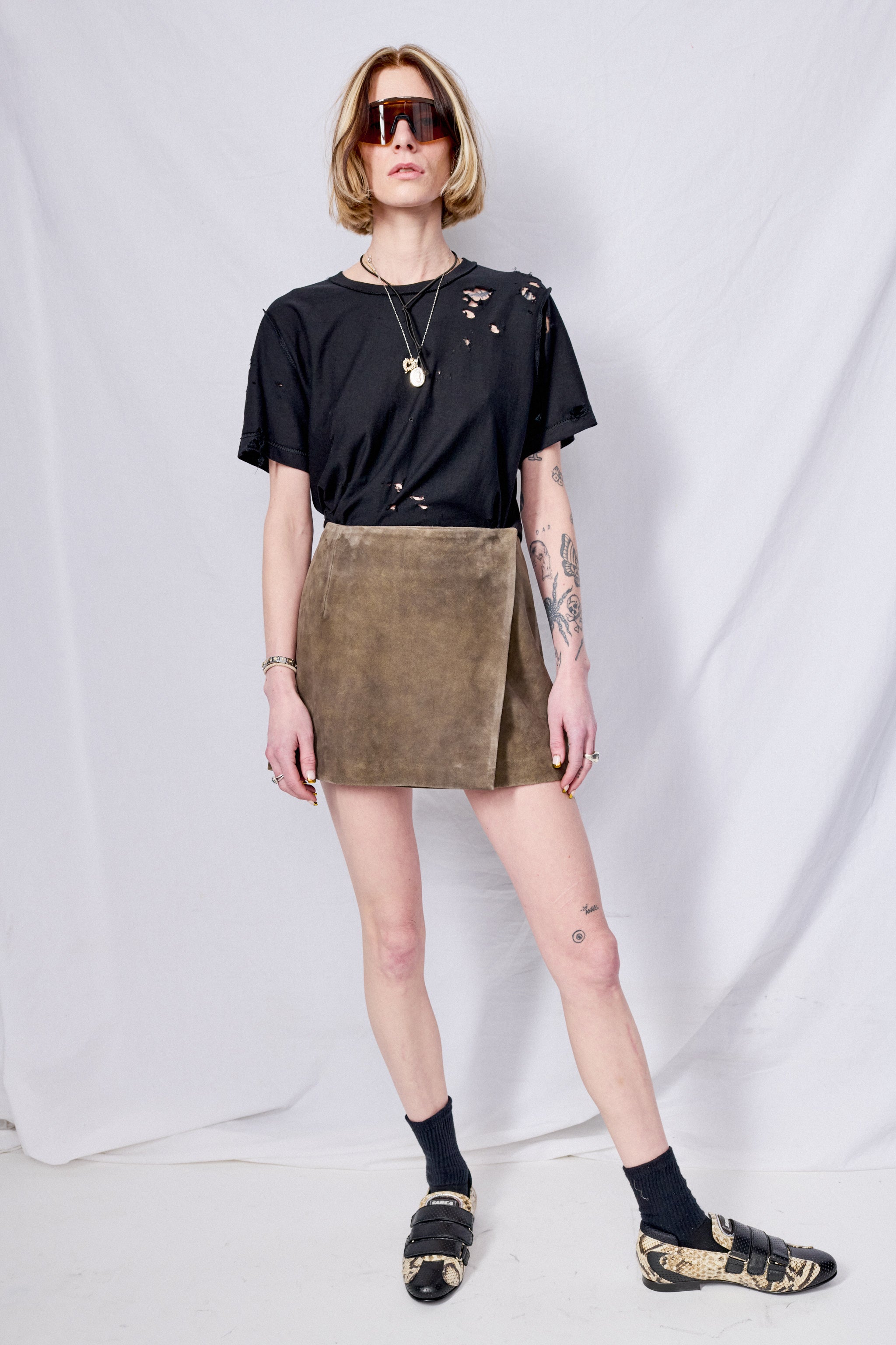 Antique Brown Leather Wrap Mini Skirt