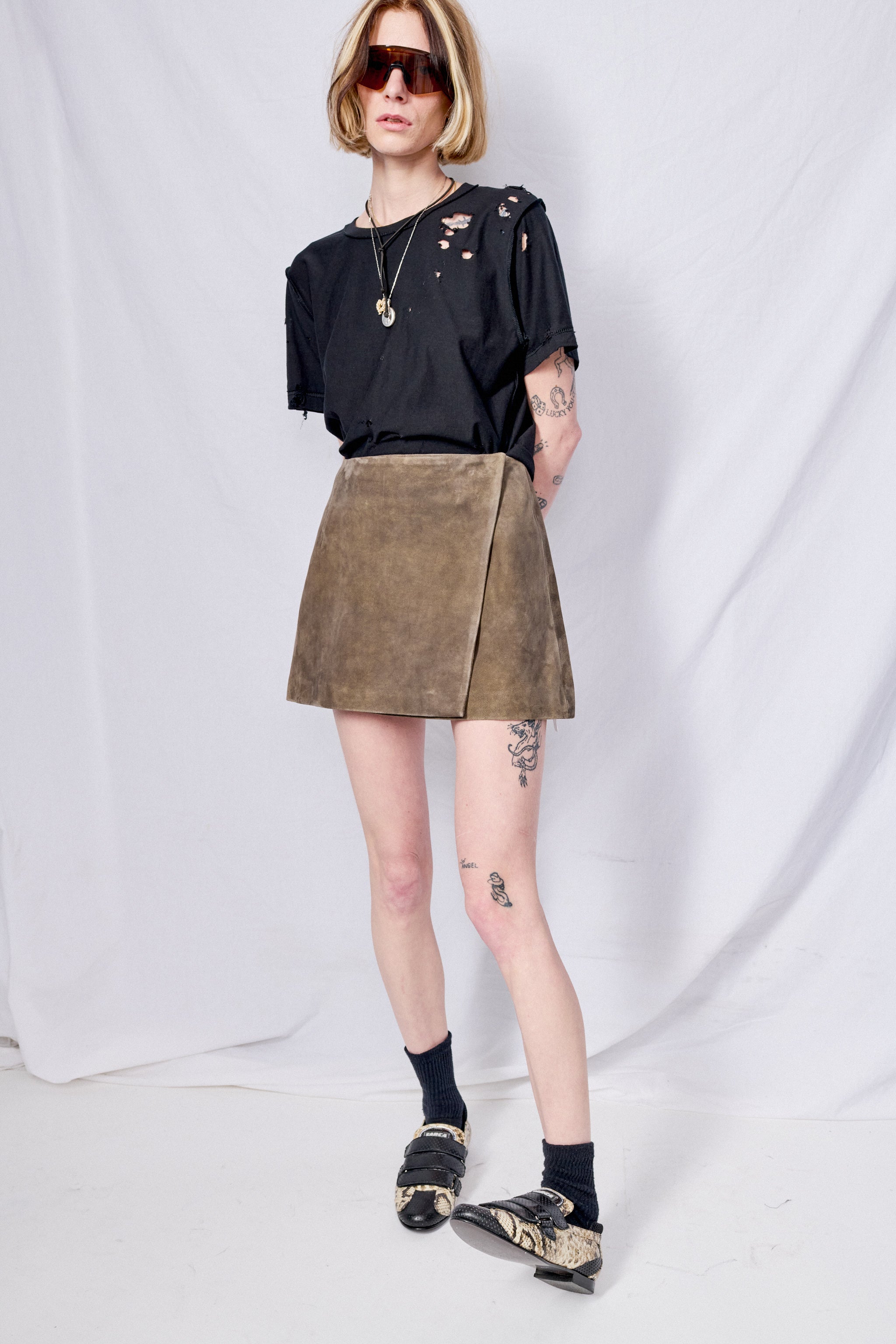 Antique Brown Leather Wrap Mini Skirt