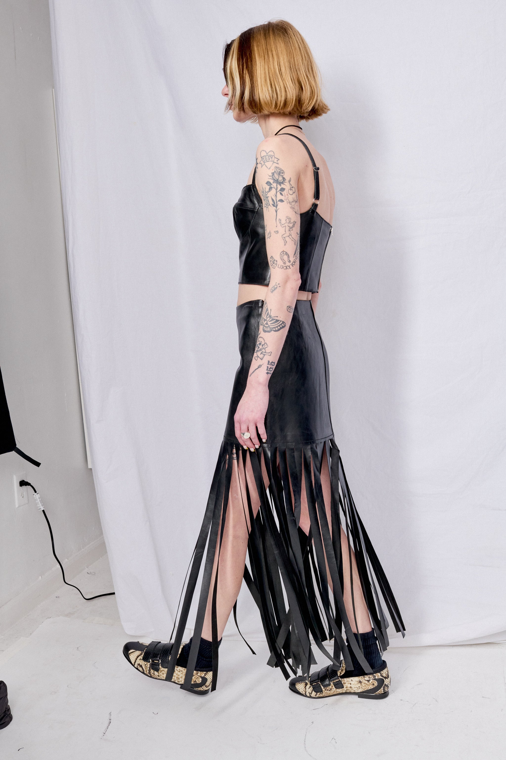 Black Viviana Leather Fringe Skirt