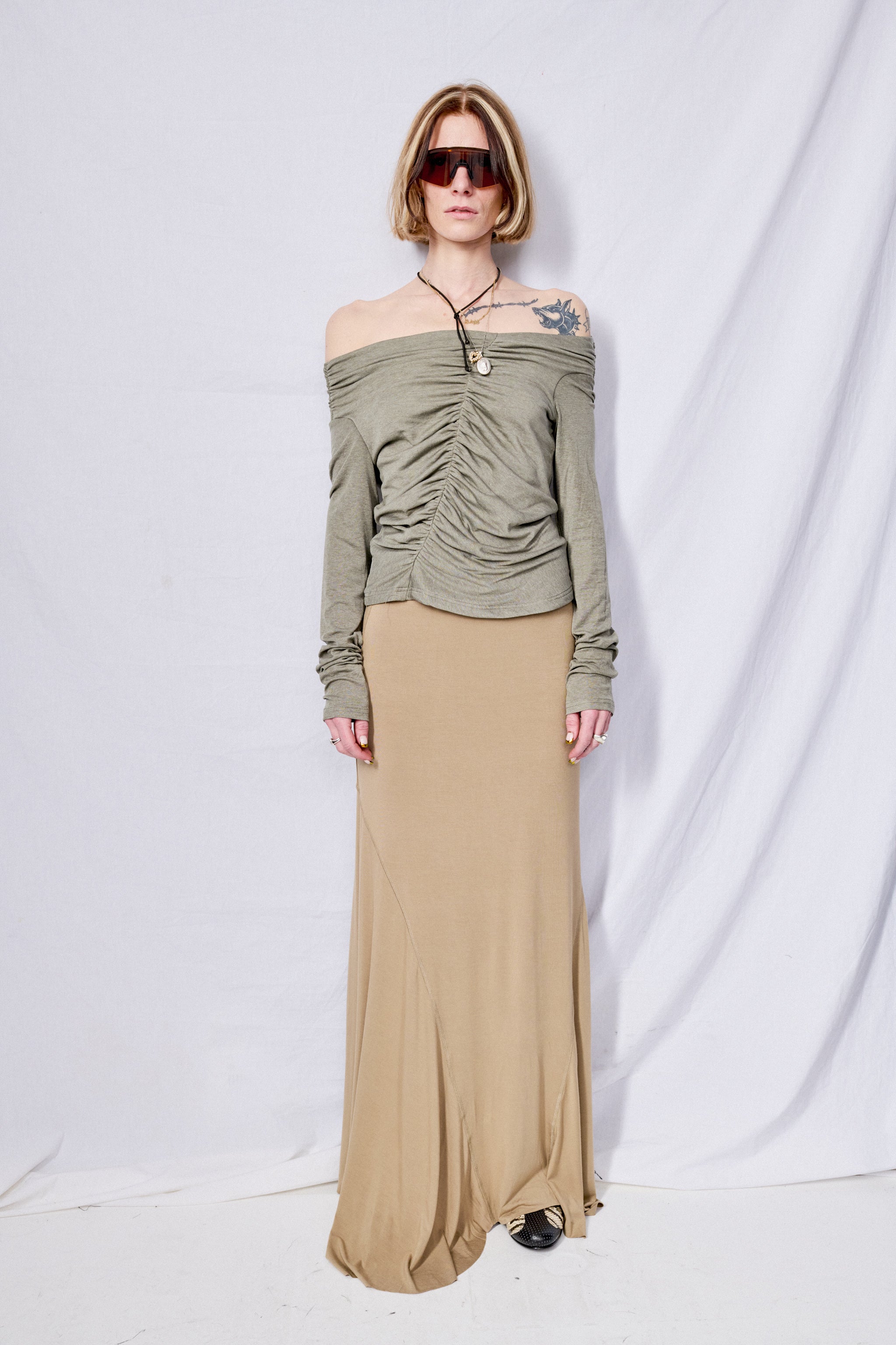 Olive Asymmetrical Neck Long Sleeve