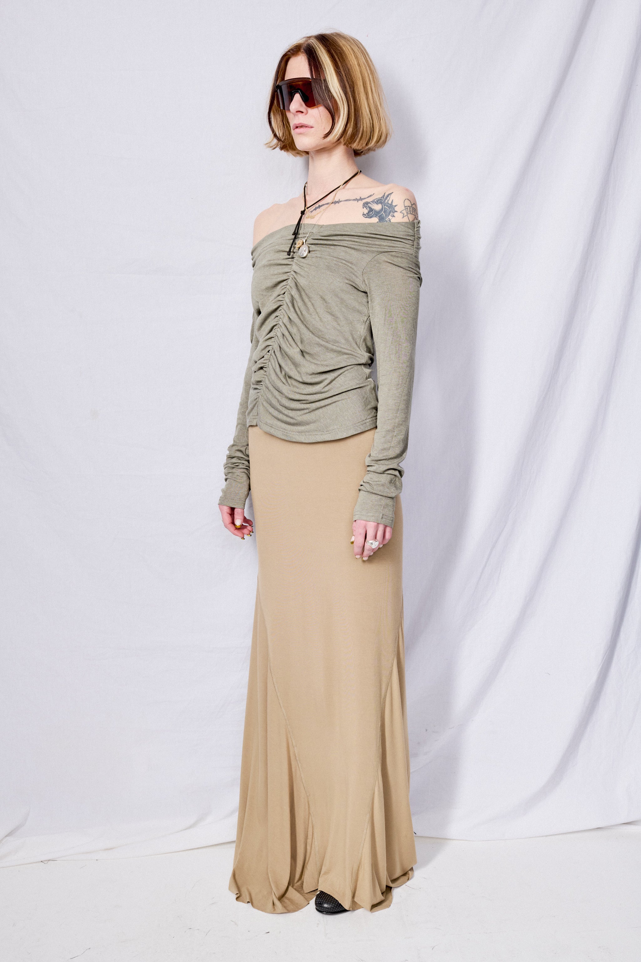 Olive Asymmetrical Neck Long Sleeve