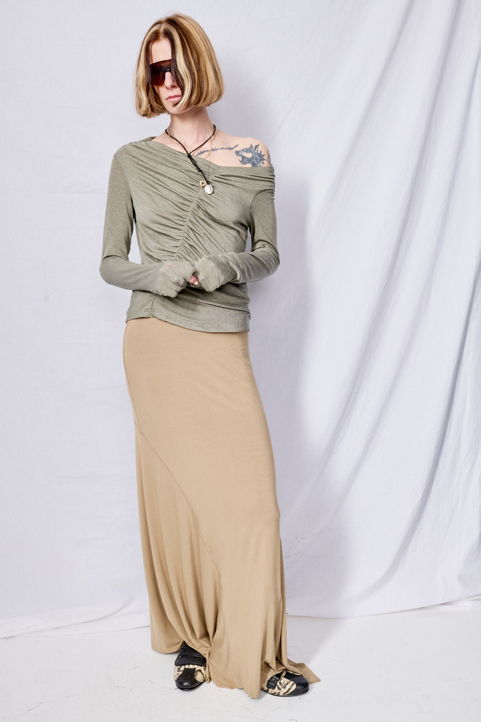 Olive Asymmetrical Neck Long Sleeve