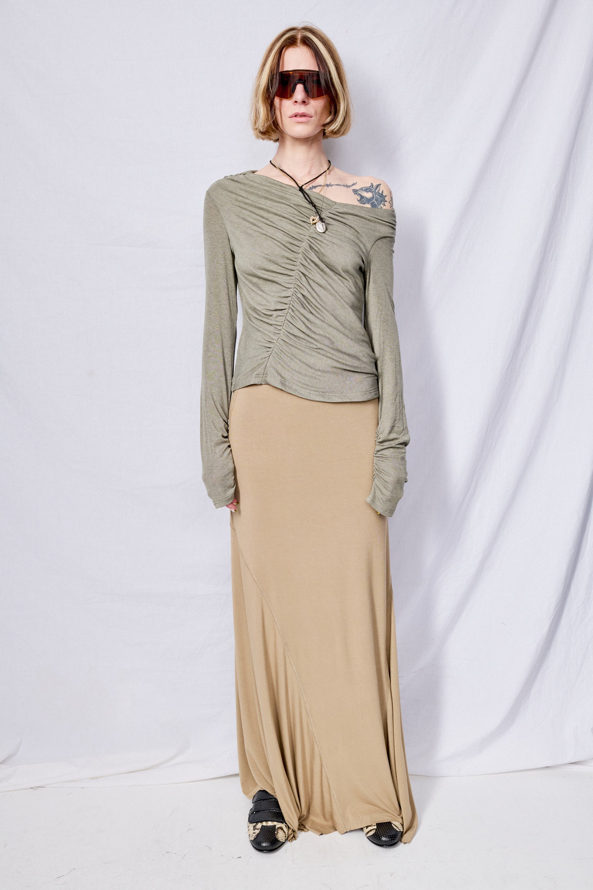 Olive Asymmetrical Neck Long Sleeve