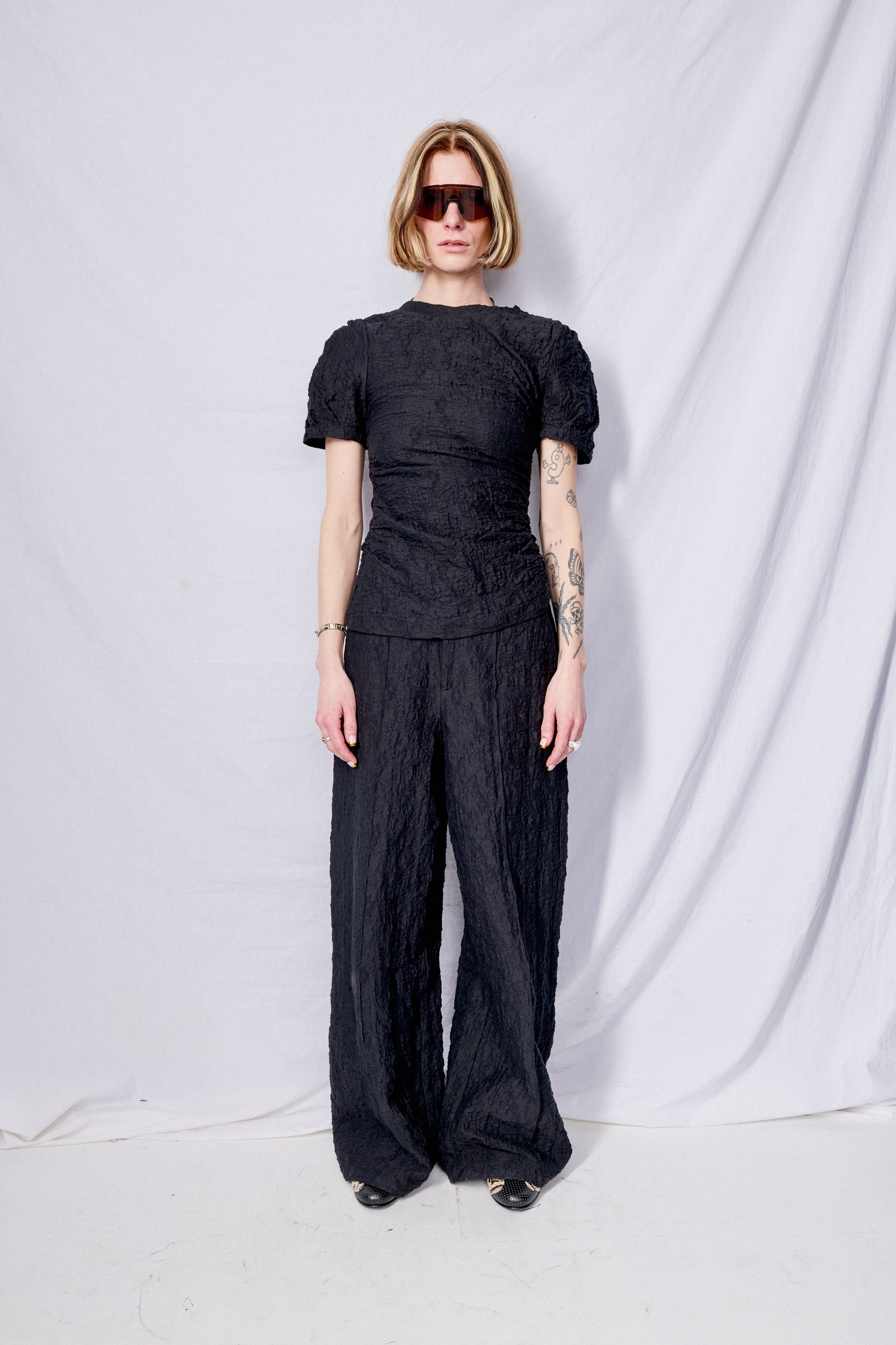 Black Crinkle Jersey Puffed Sleeve Twisted Top