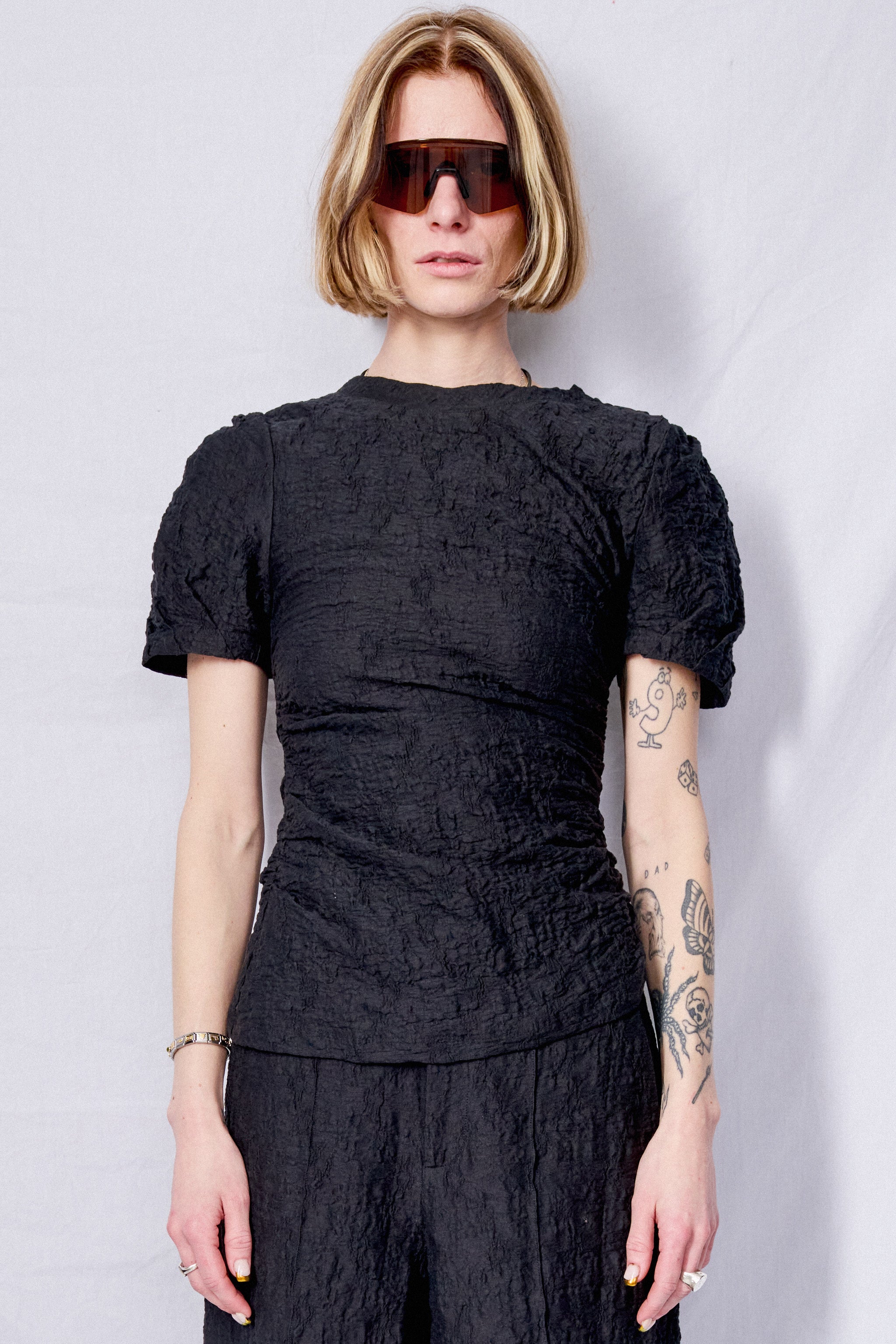 Black Crinkle Jersey Puffed Sleeve Twisted Top