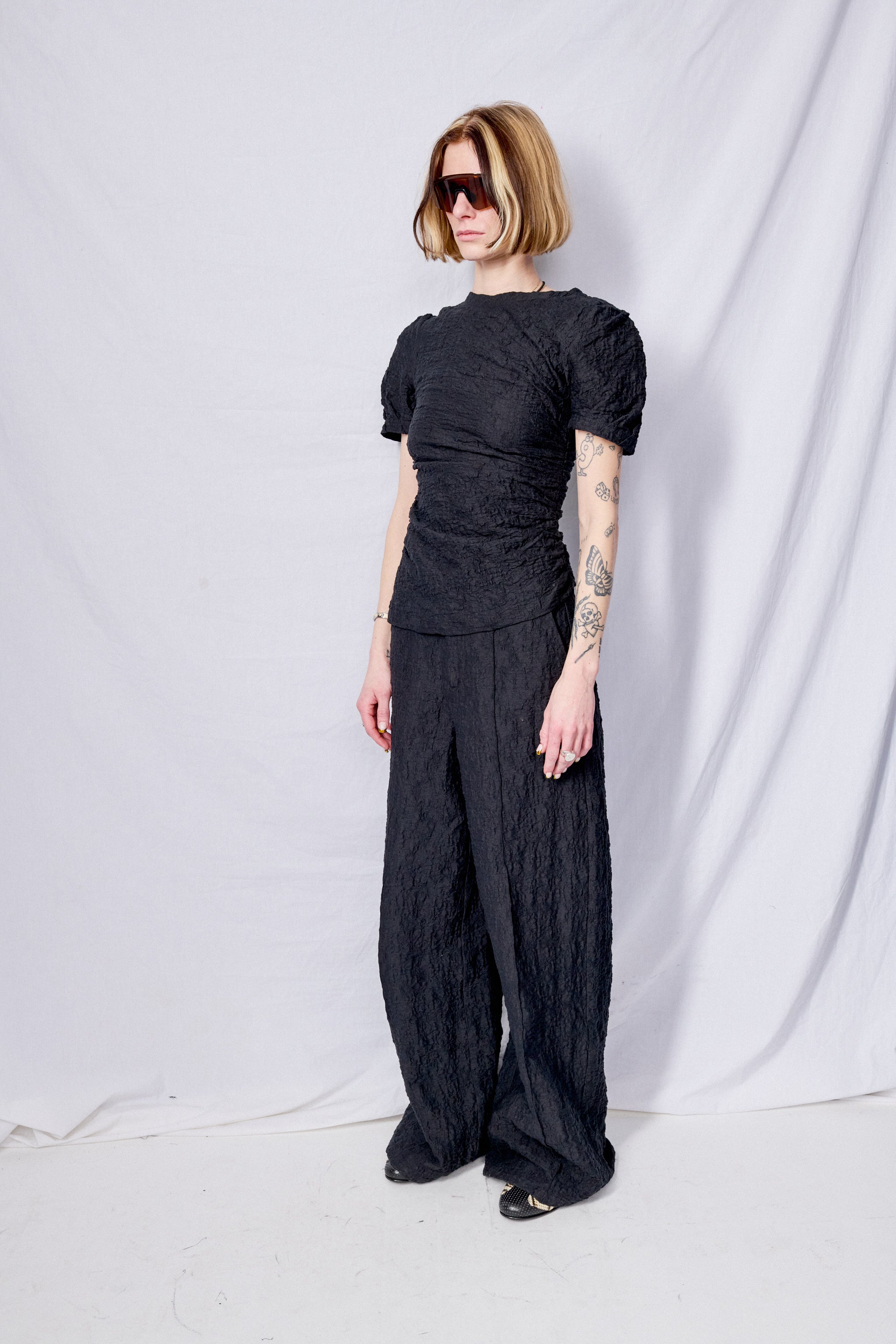 Black Crinkle Jersey Wide Leg Pant