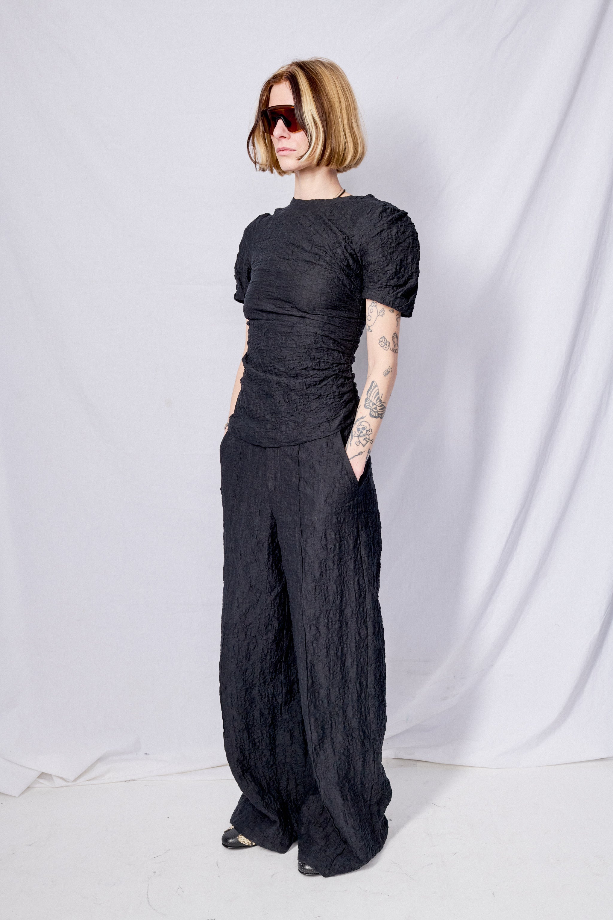 Black Crinkle Jersey Puffed Sleeve Twisted Top