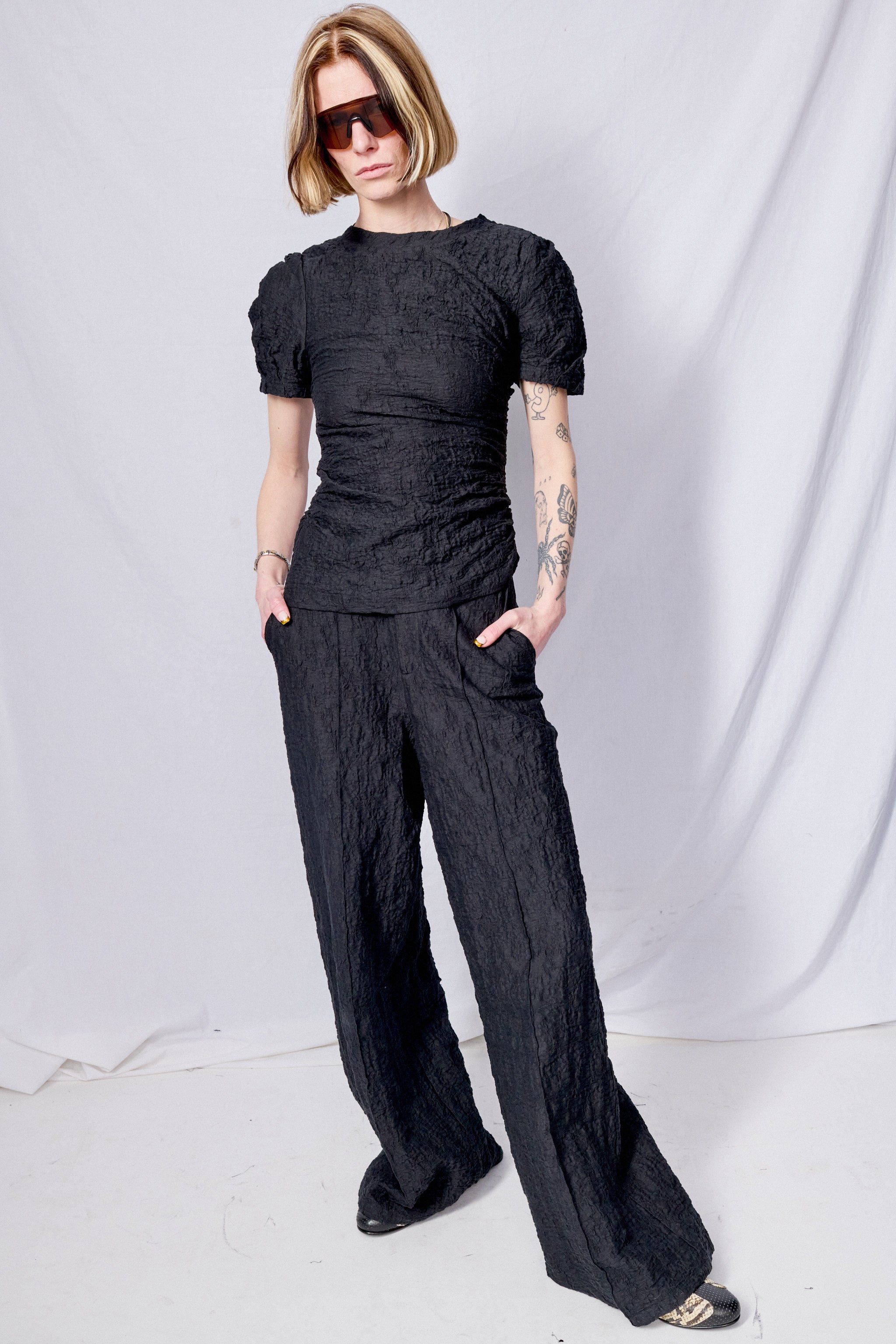 Black Crinkle Jersey Puffed Sleeve Twisted Top