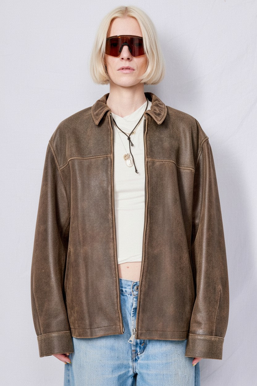 Brown Cracked Leather Zip Jacket - Assembly New York