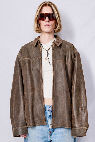Brown Cracked Leather Zip Jacket - Assembly New York