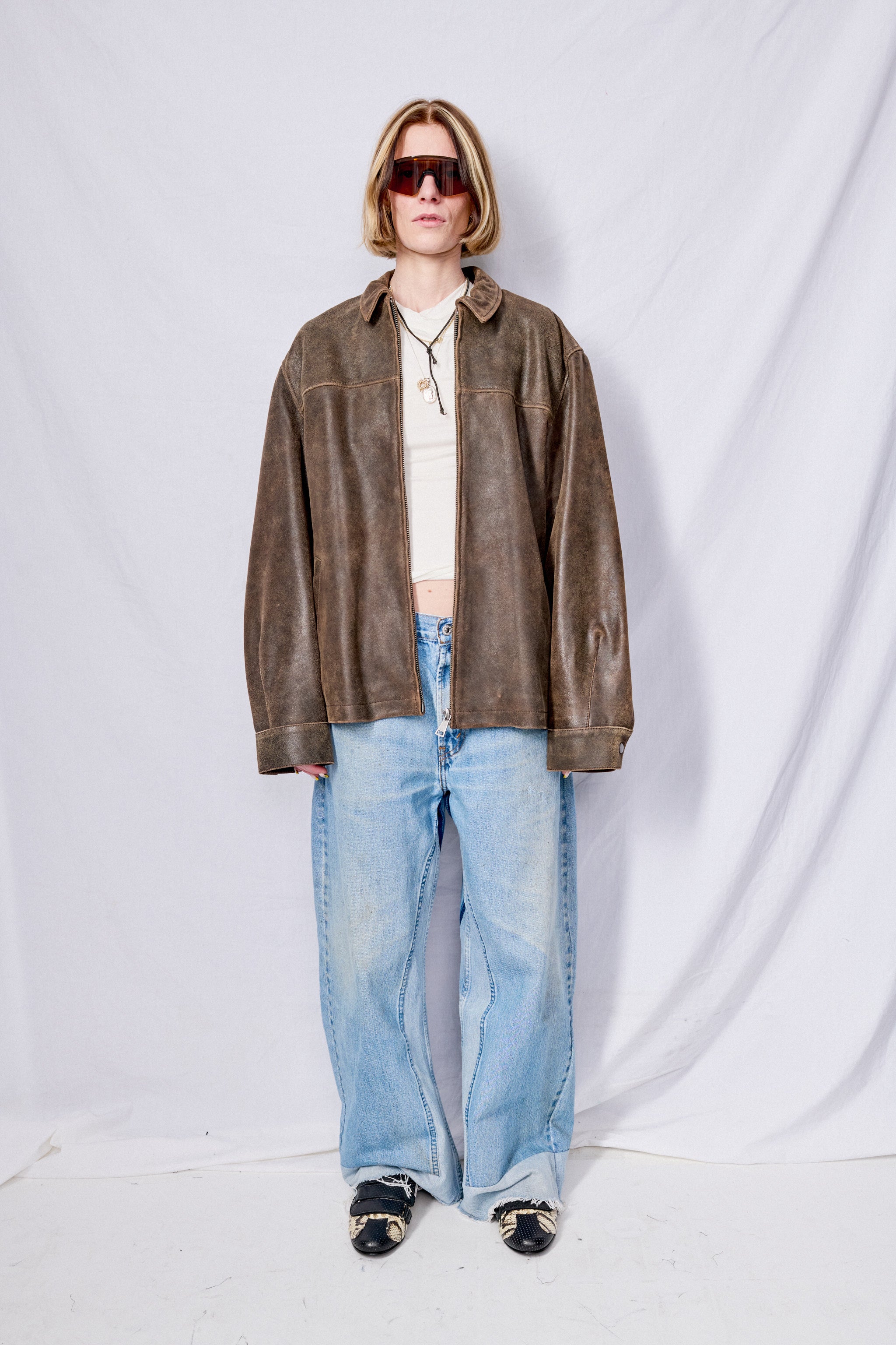 Brown Cracked Leather Zip Jacket - Assembly New York