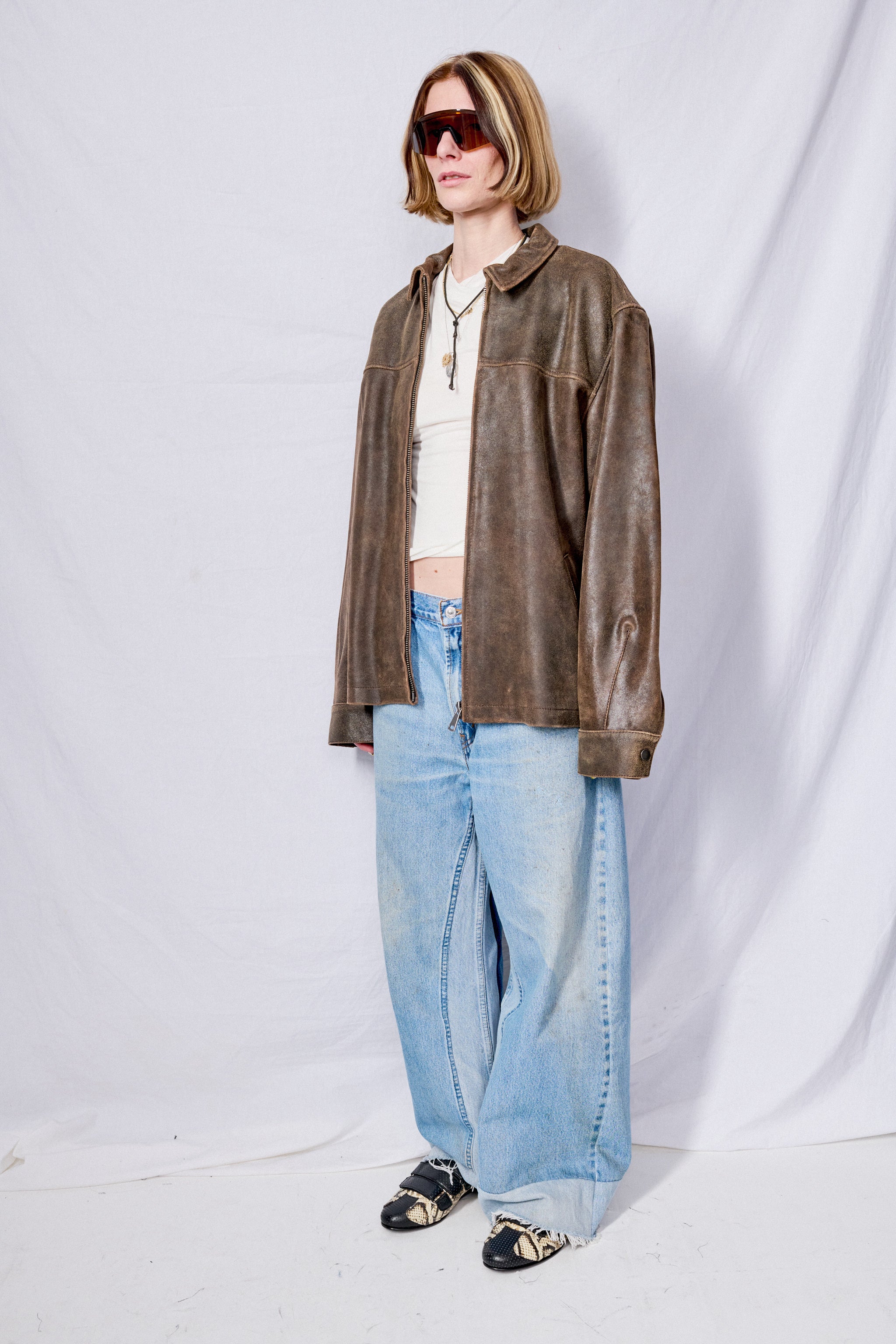 Brown Cracked Leather Zip Jacket