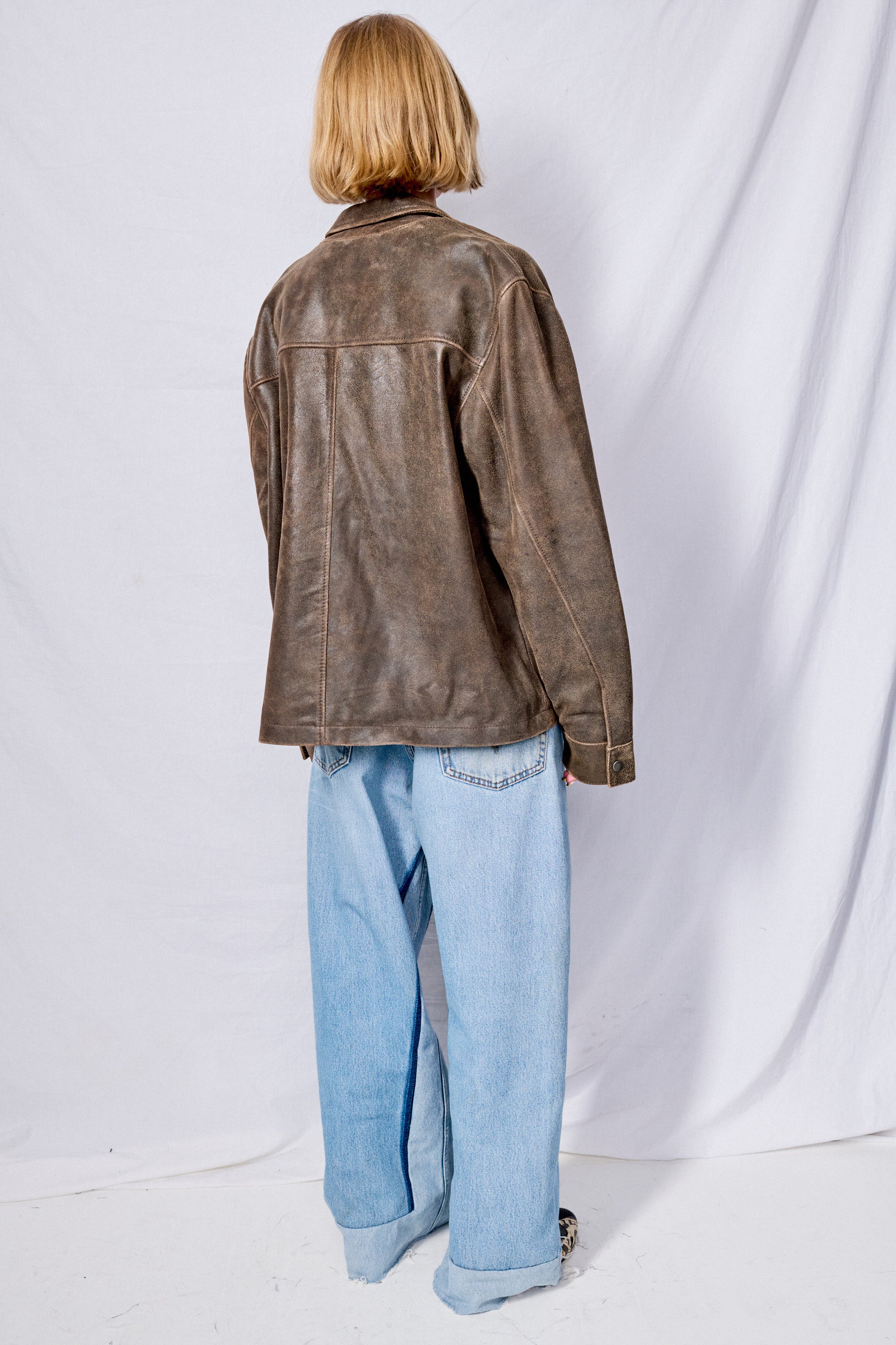 Brown Cracked Leather Zip Jacket