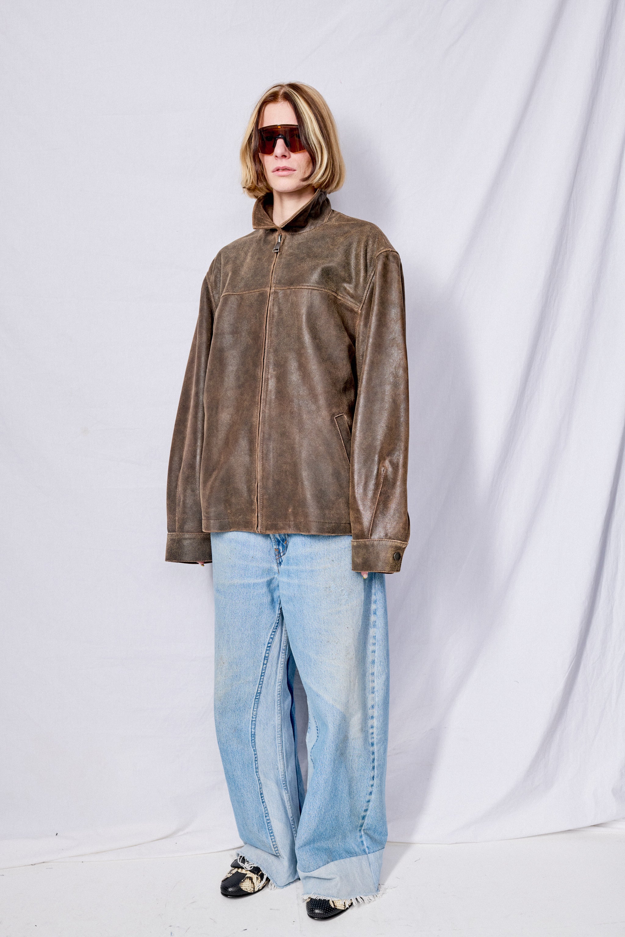 Brown Cracked Leather Zip Jacket - Assembly New York