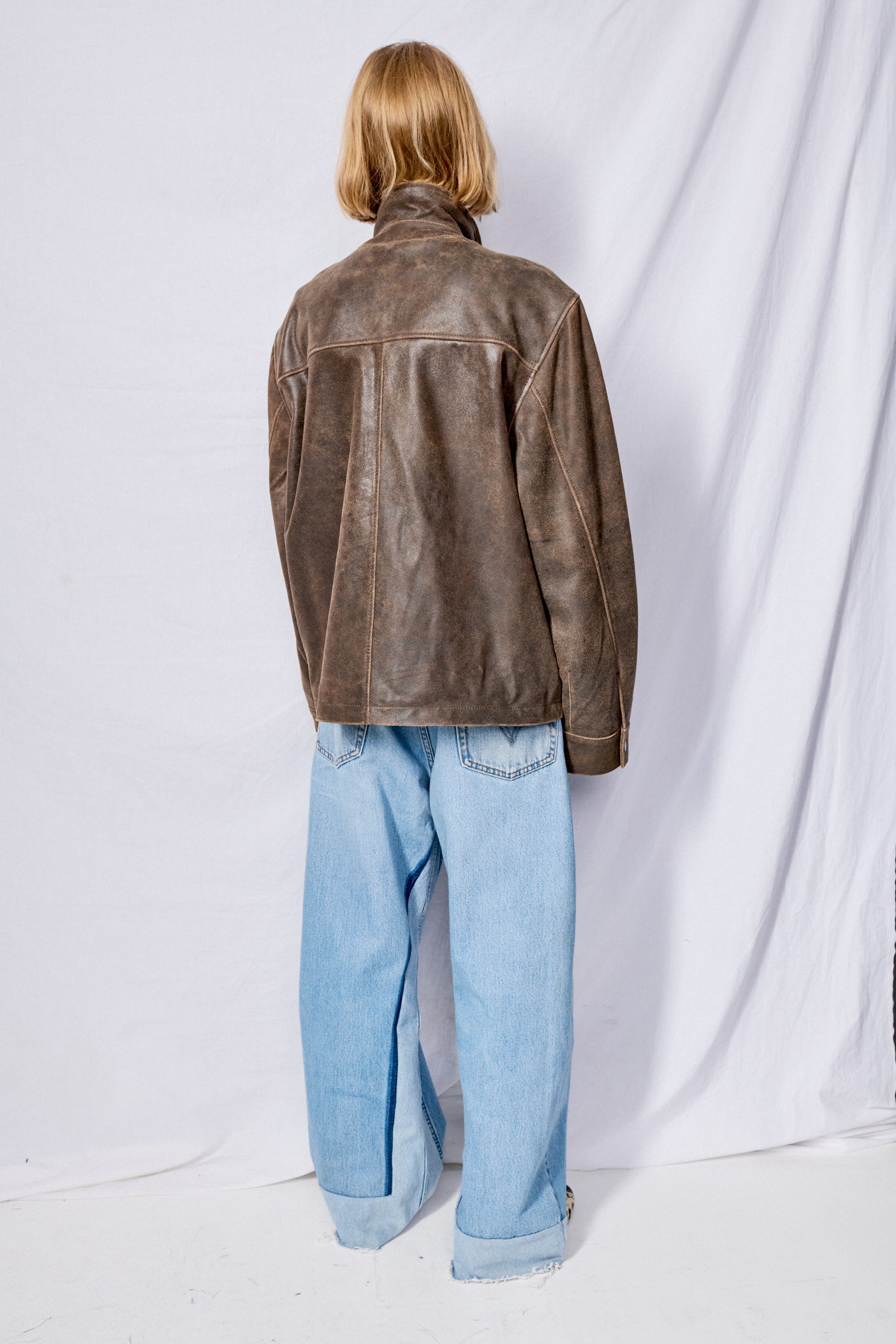 Brown Cracked Leather Zip Jacket