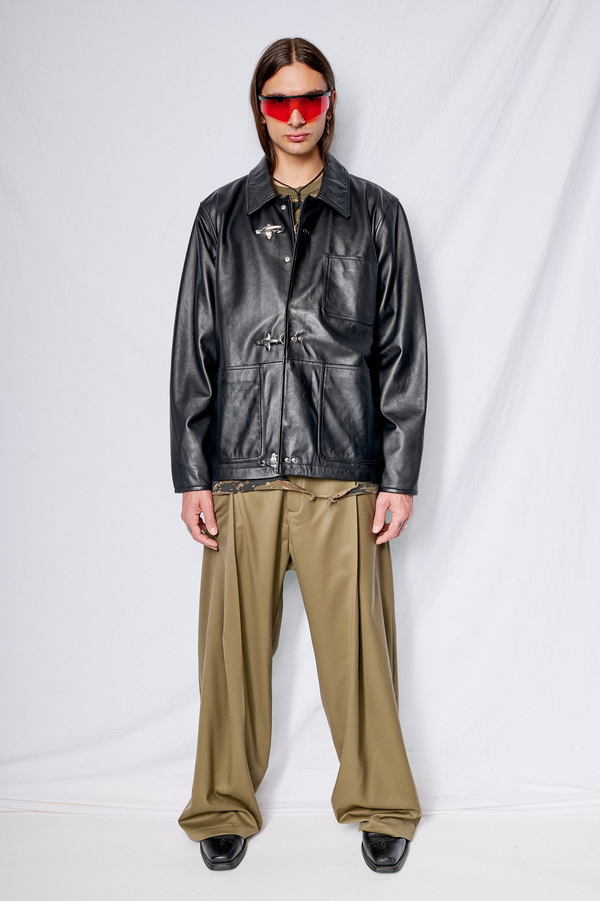Black Leather Fireman Field Coat