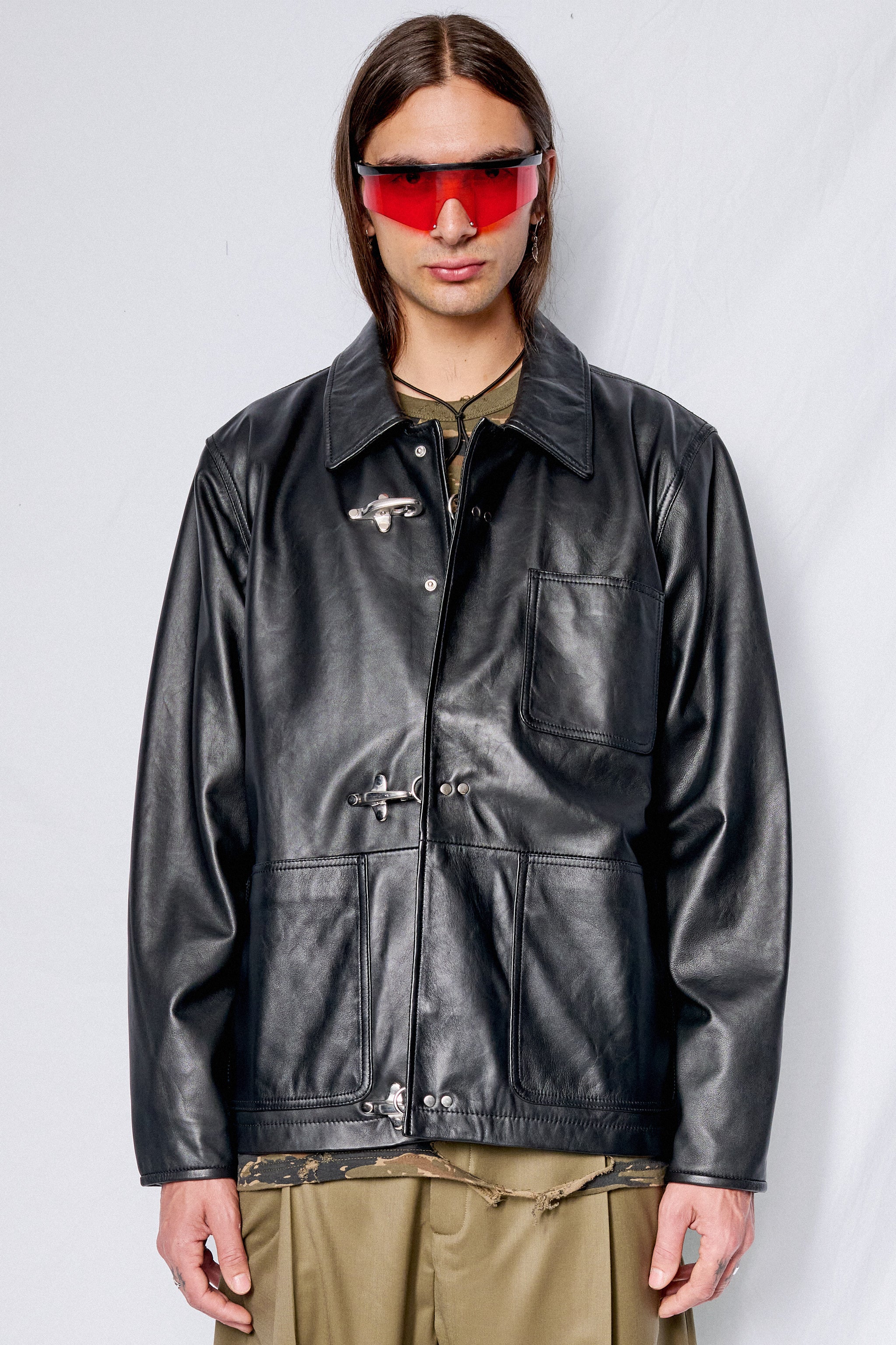 ジャケット・アウター leather hoodie jacket fireman Black Leather Fireman Field Coat - Assembly New York