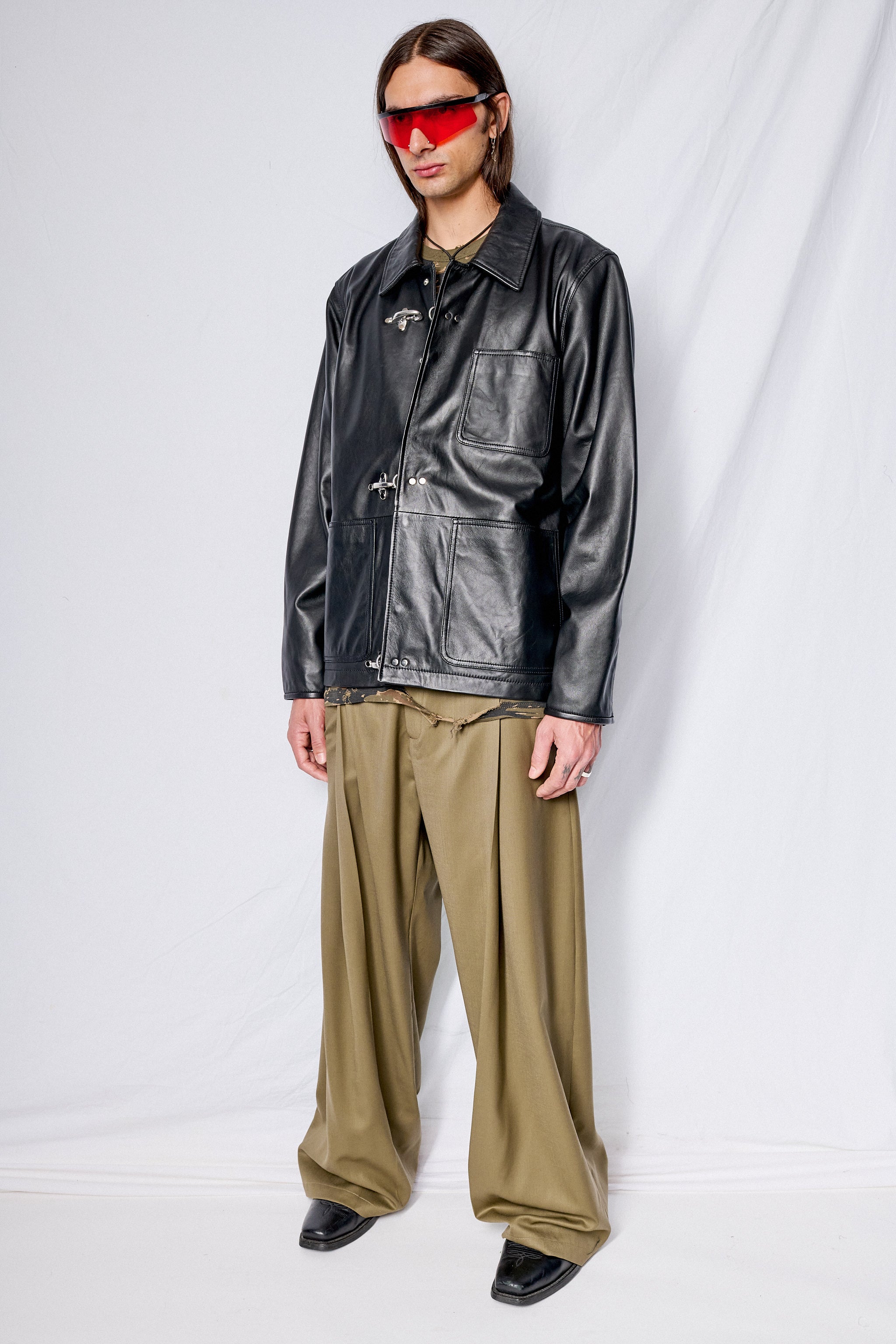 Black Leather Fireman Field Coat