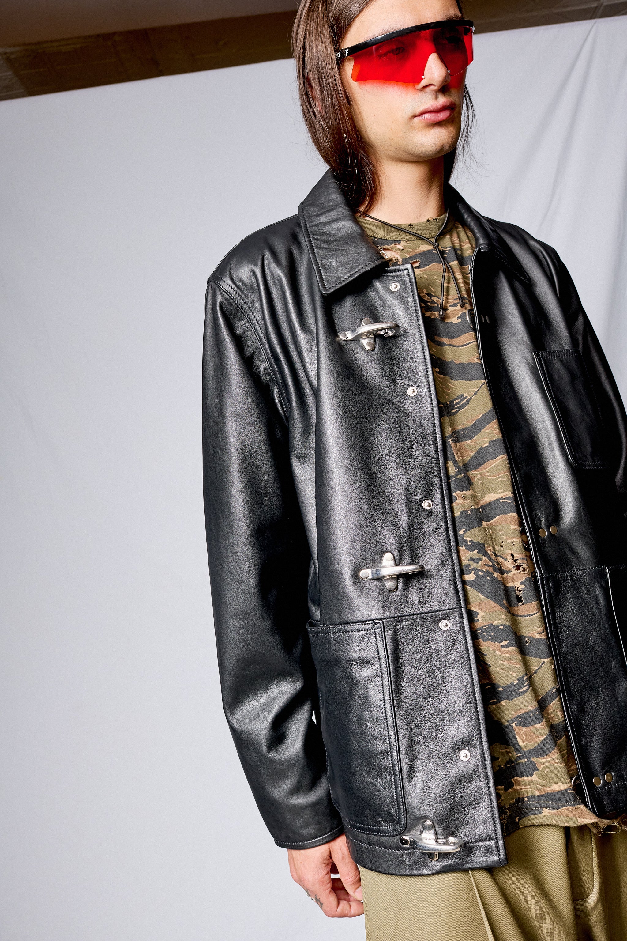 Black Leather Fireman Field Coat