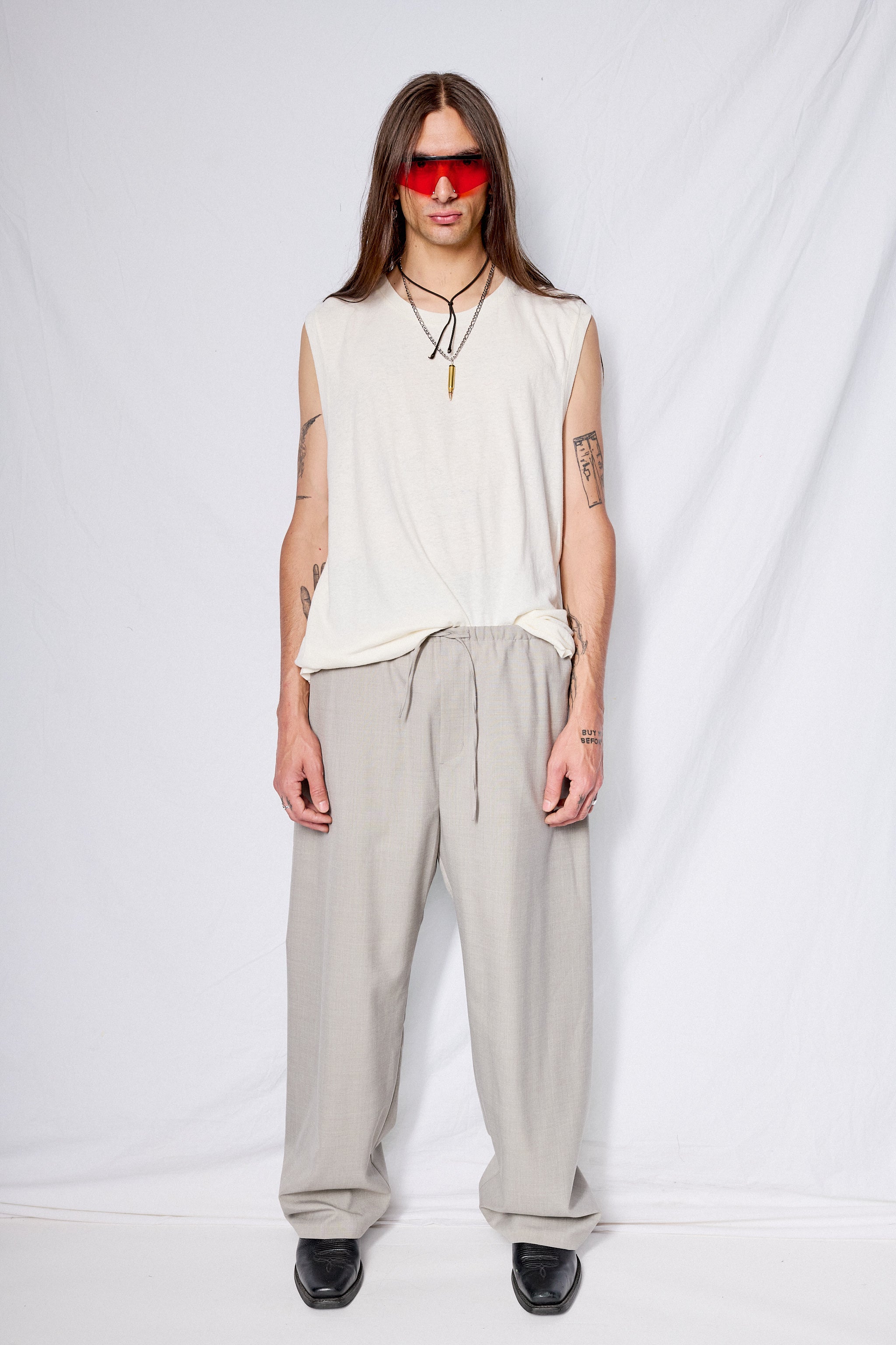Beige Wool Banding Pants