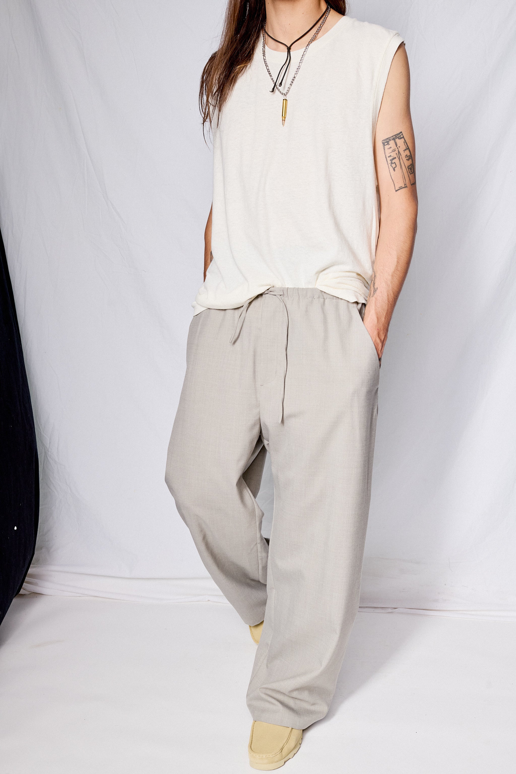 Beige Wool Banding Pants