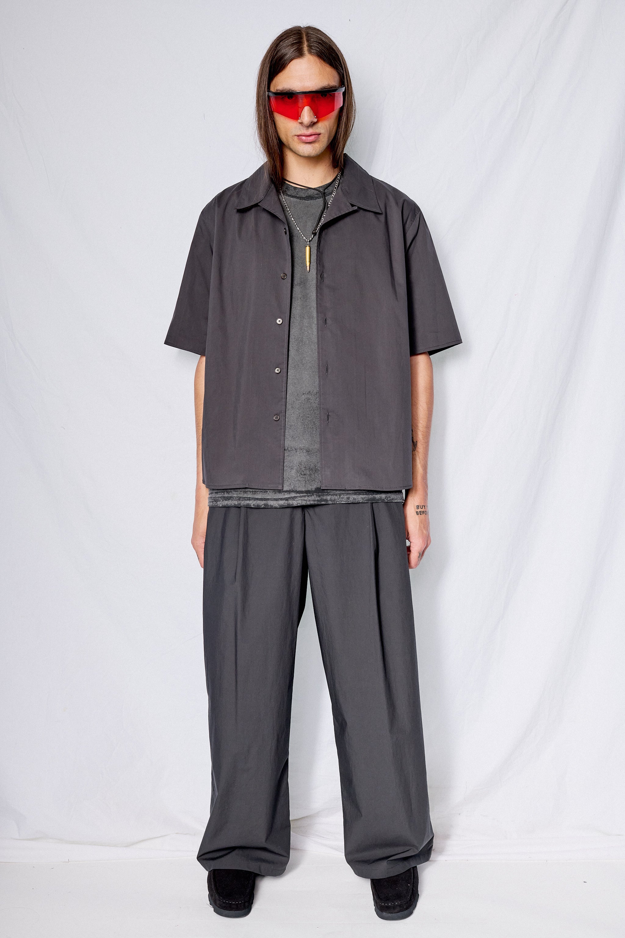 Charcoal Open Collar Half Shirt