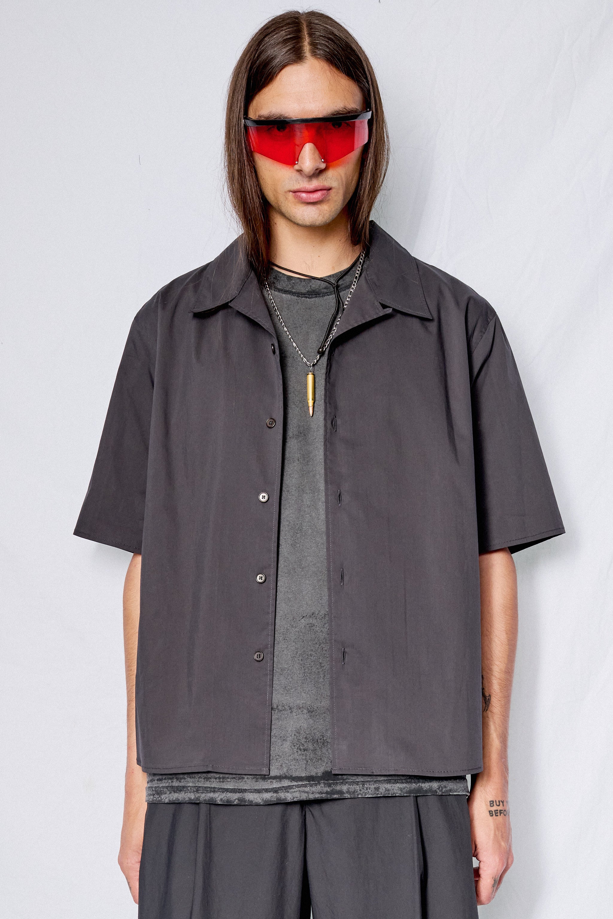 Charcoal Open Collar Half Shirt