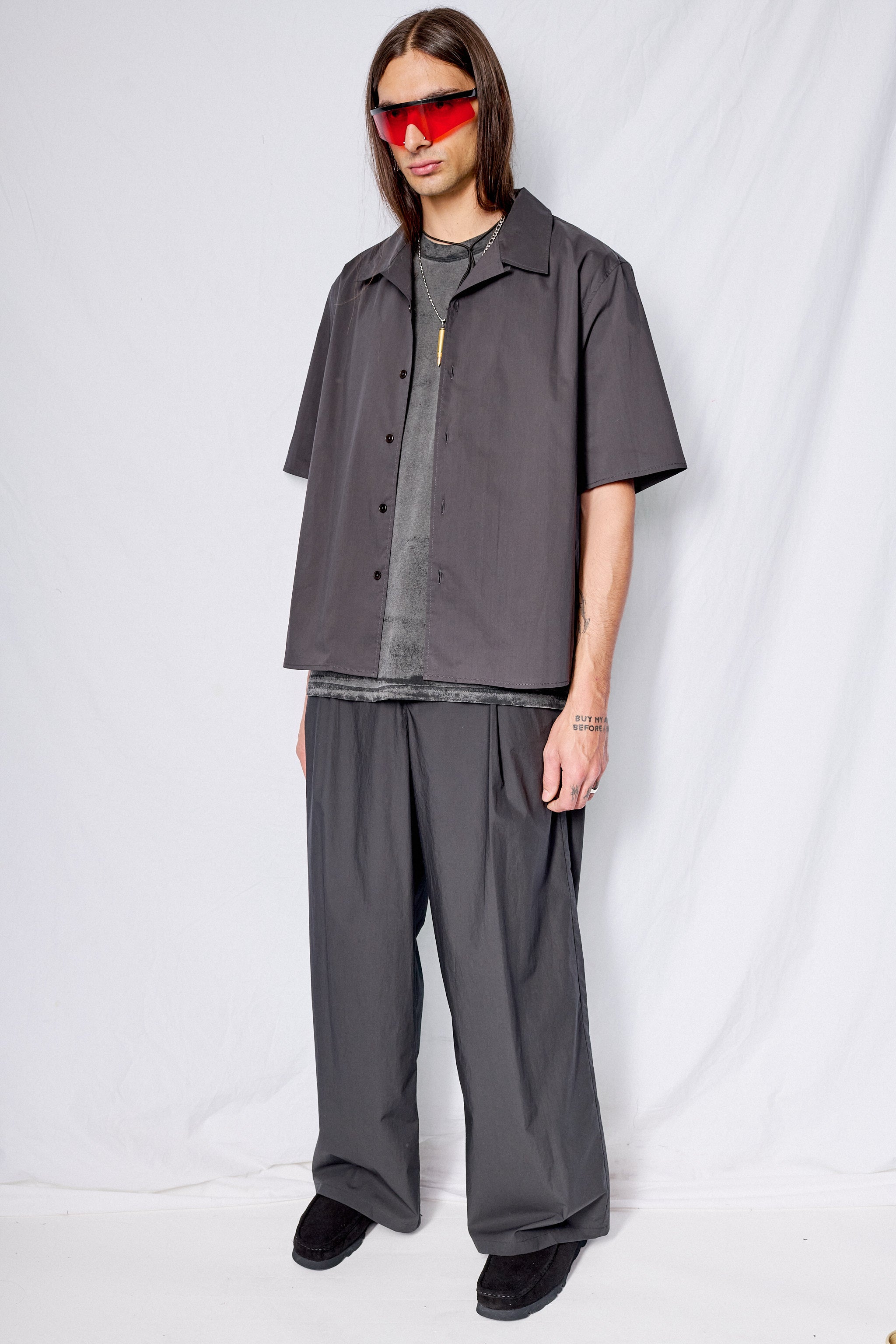 Charcoal Open Collar Half Shirt
