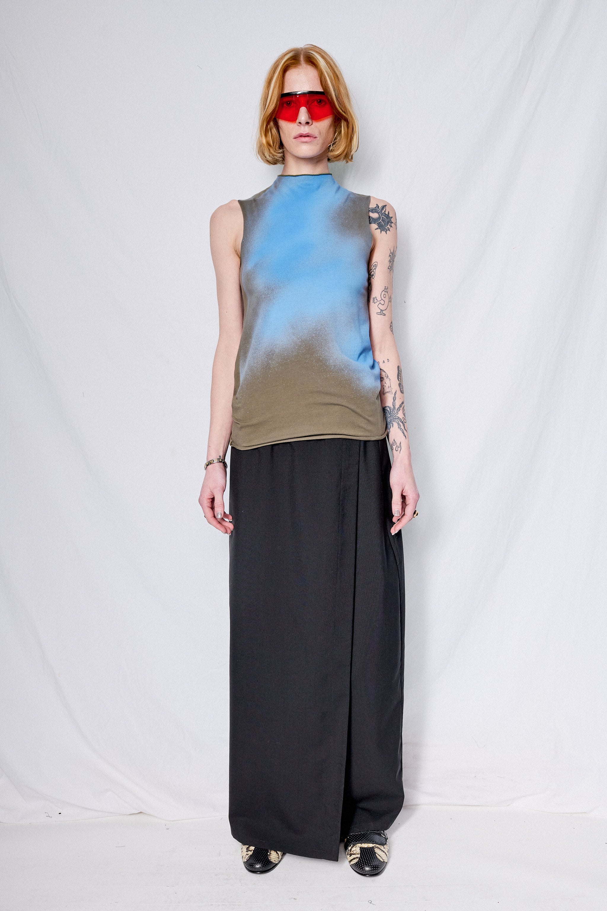 Green/Blue Airbrush Cotton Sleeveless Mockneck