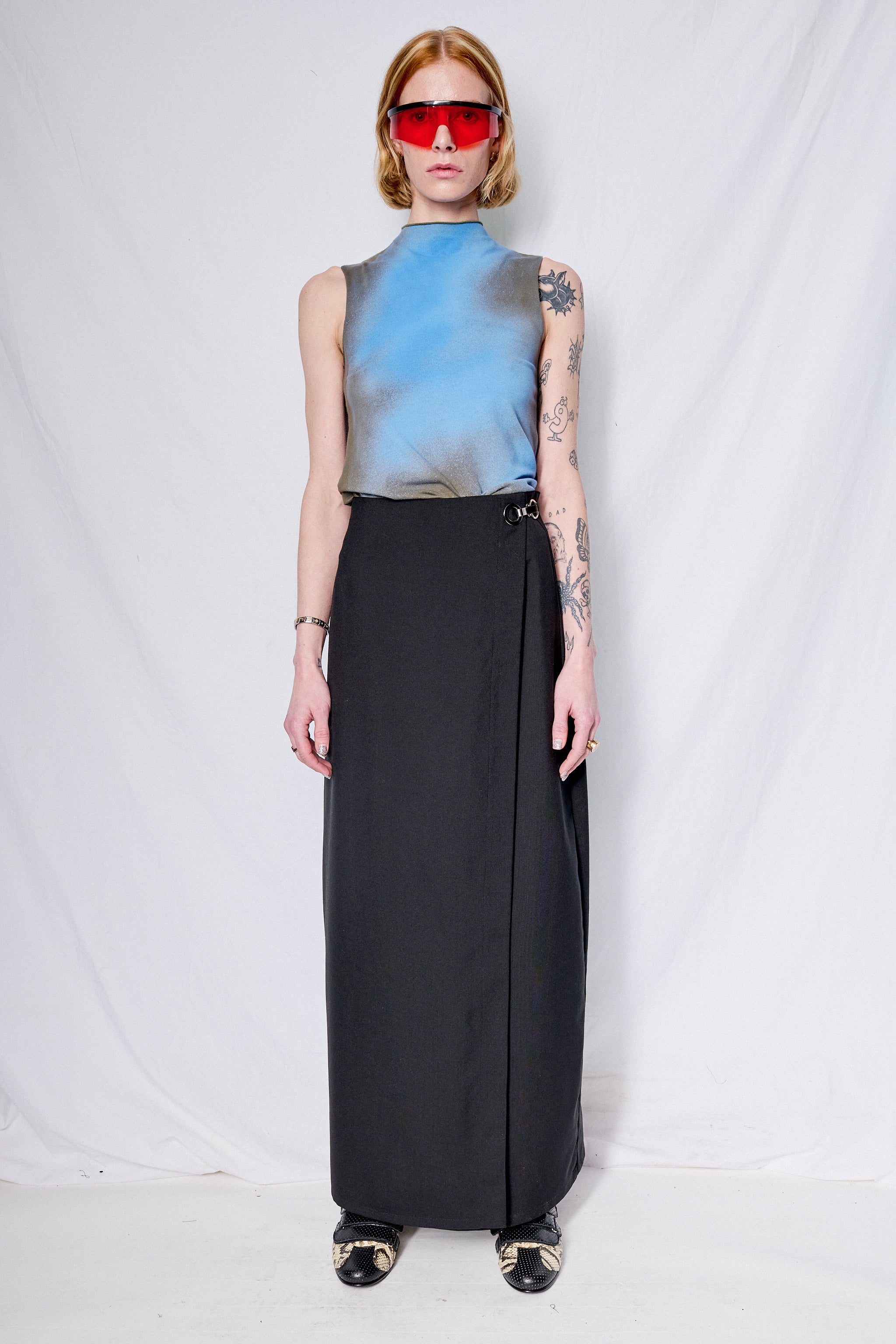 Black Suiting Long Wrap Skirt