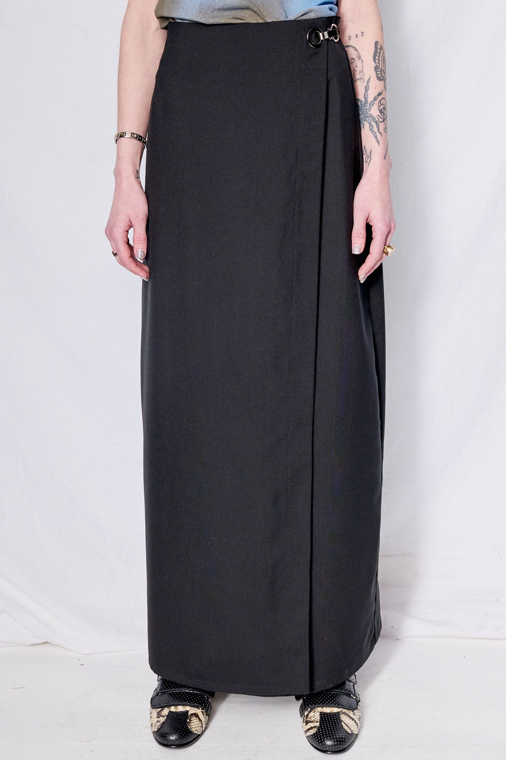 Black Suiting Long Wrap Skirt