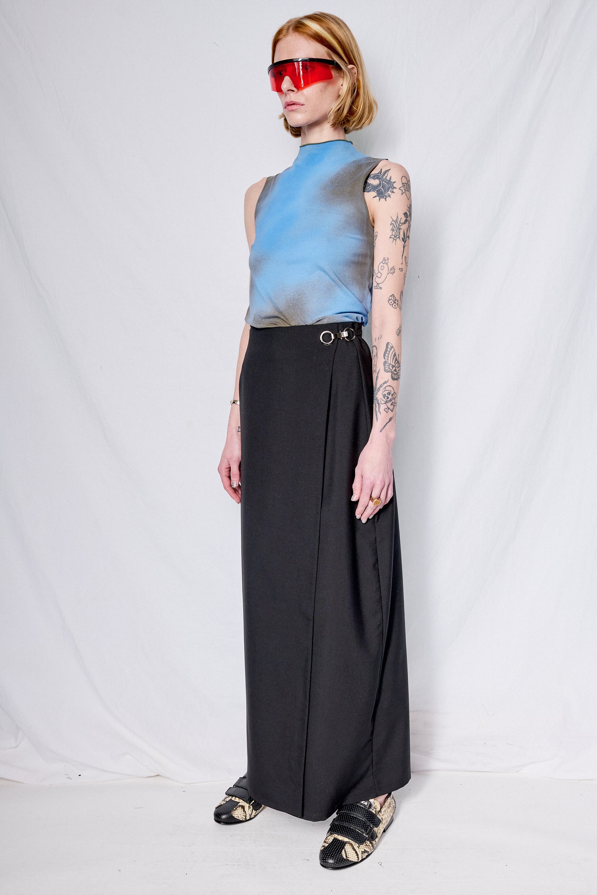 Black Suiting Long Wrap Skirt