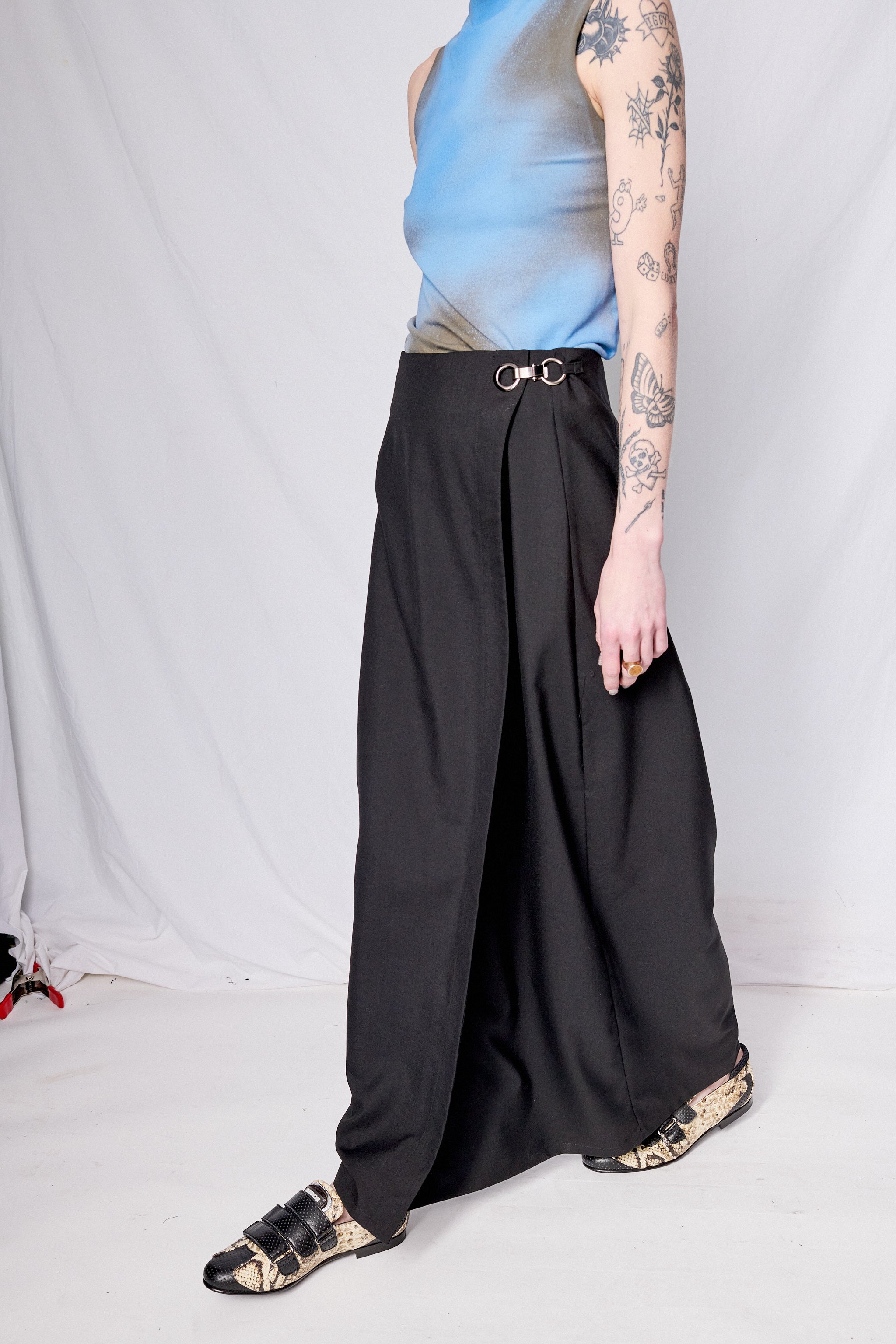 Black Suiting Long Wrap Skirt