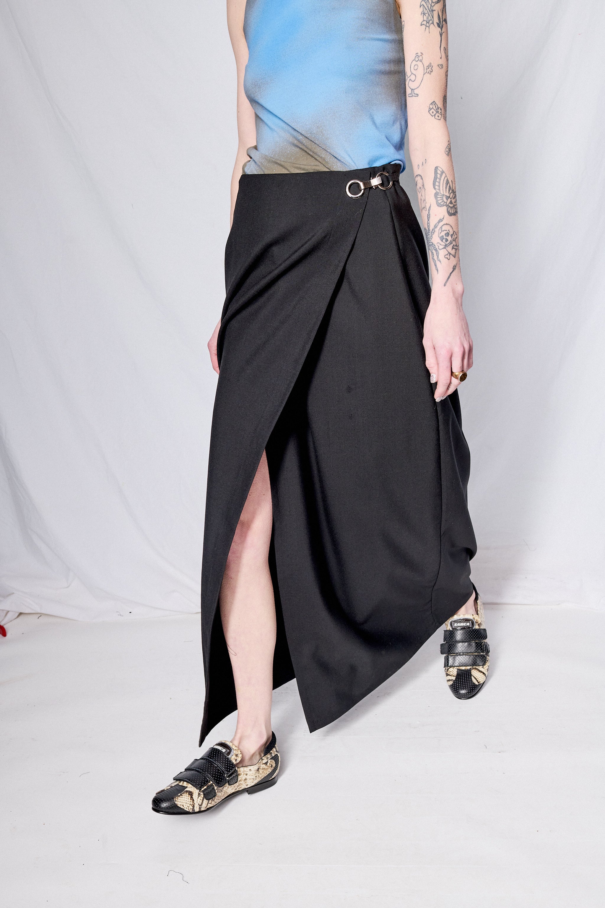 Black Suiting Long Wrap Skirt