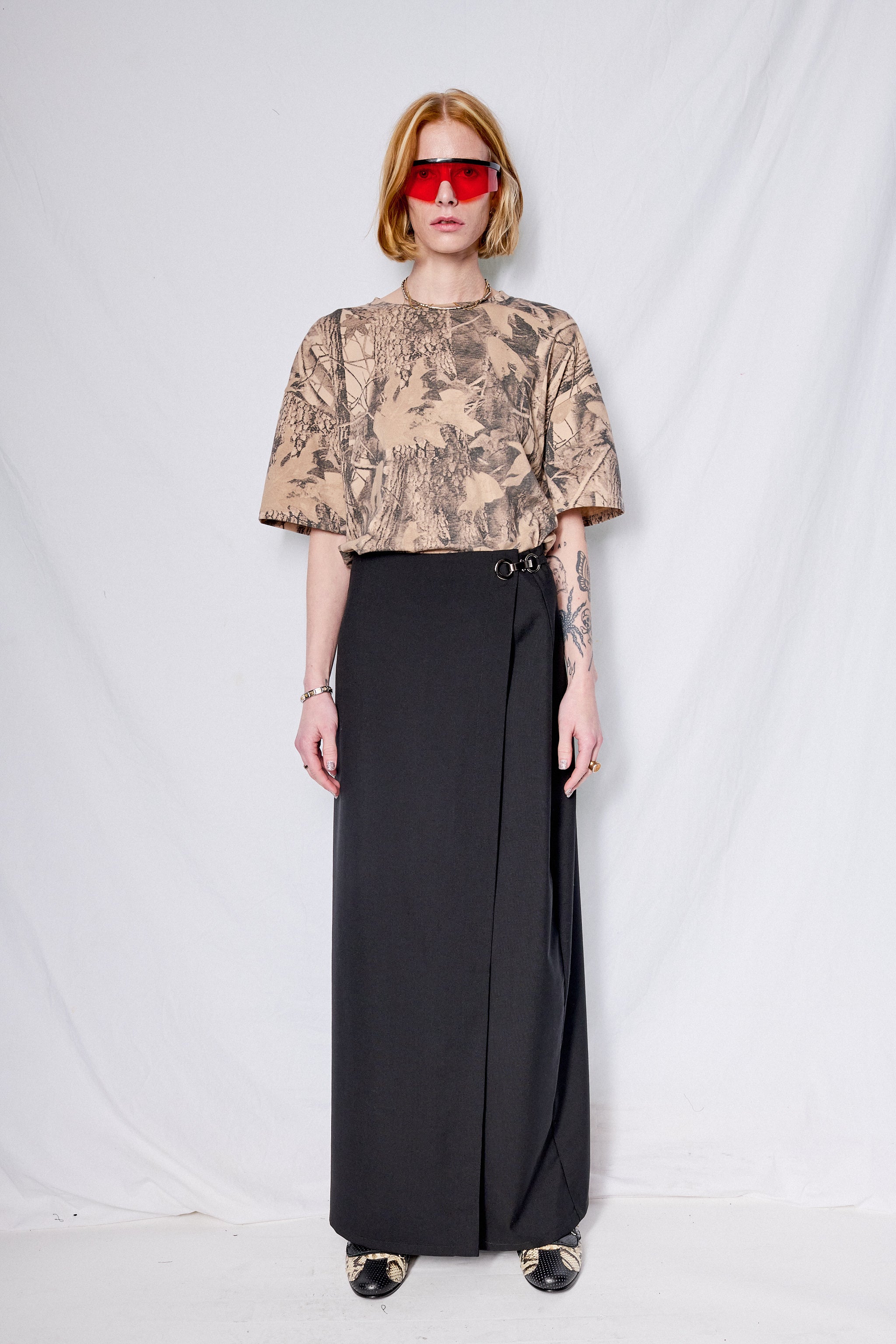 Black Suiting Long Wrap Skirt