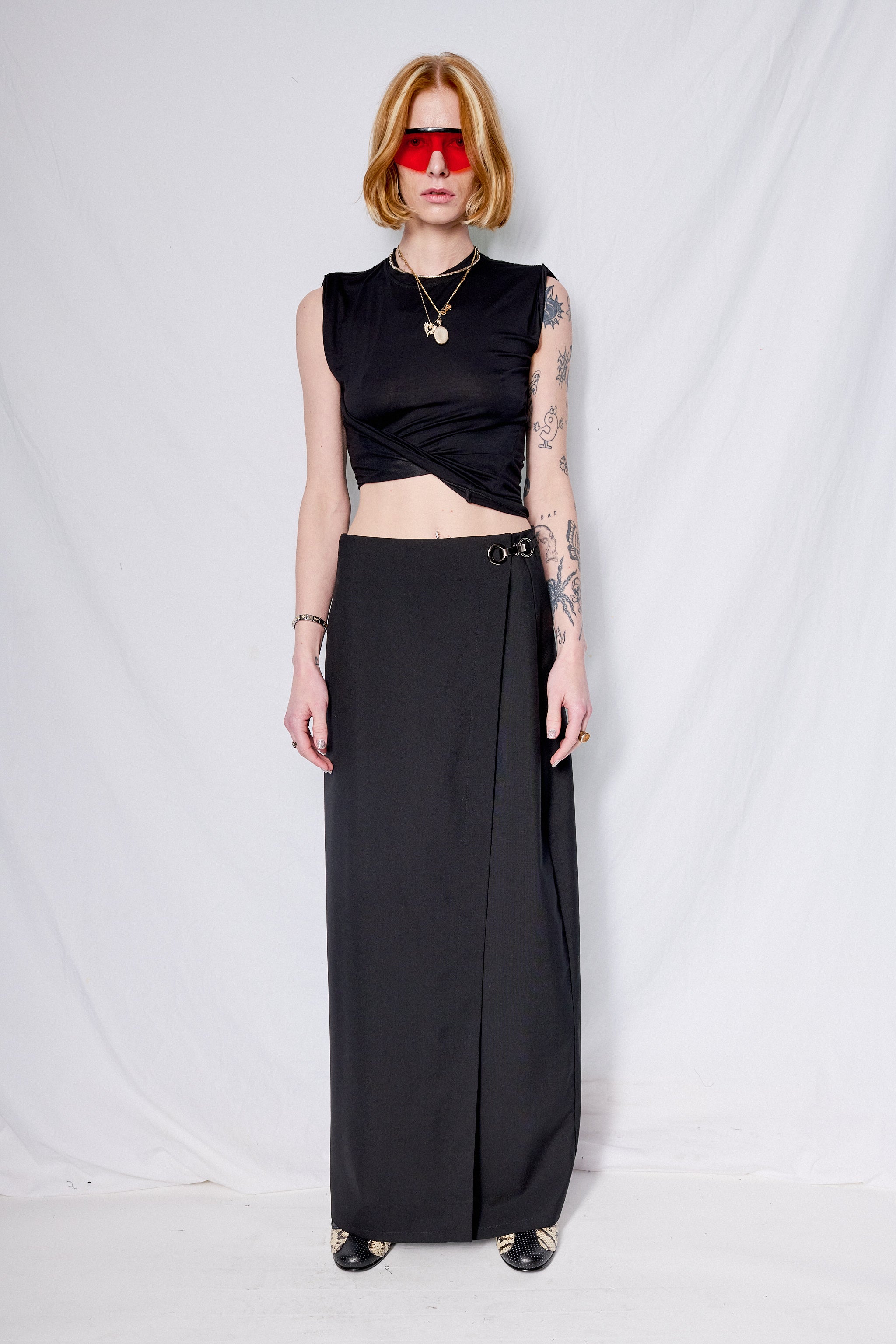 Black Suiting Long Wrap Skirt