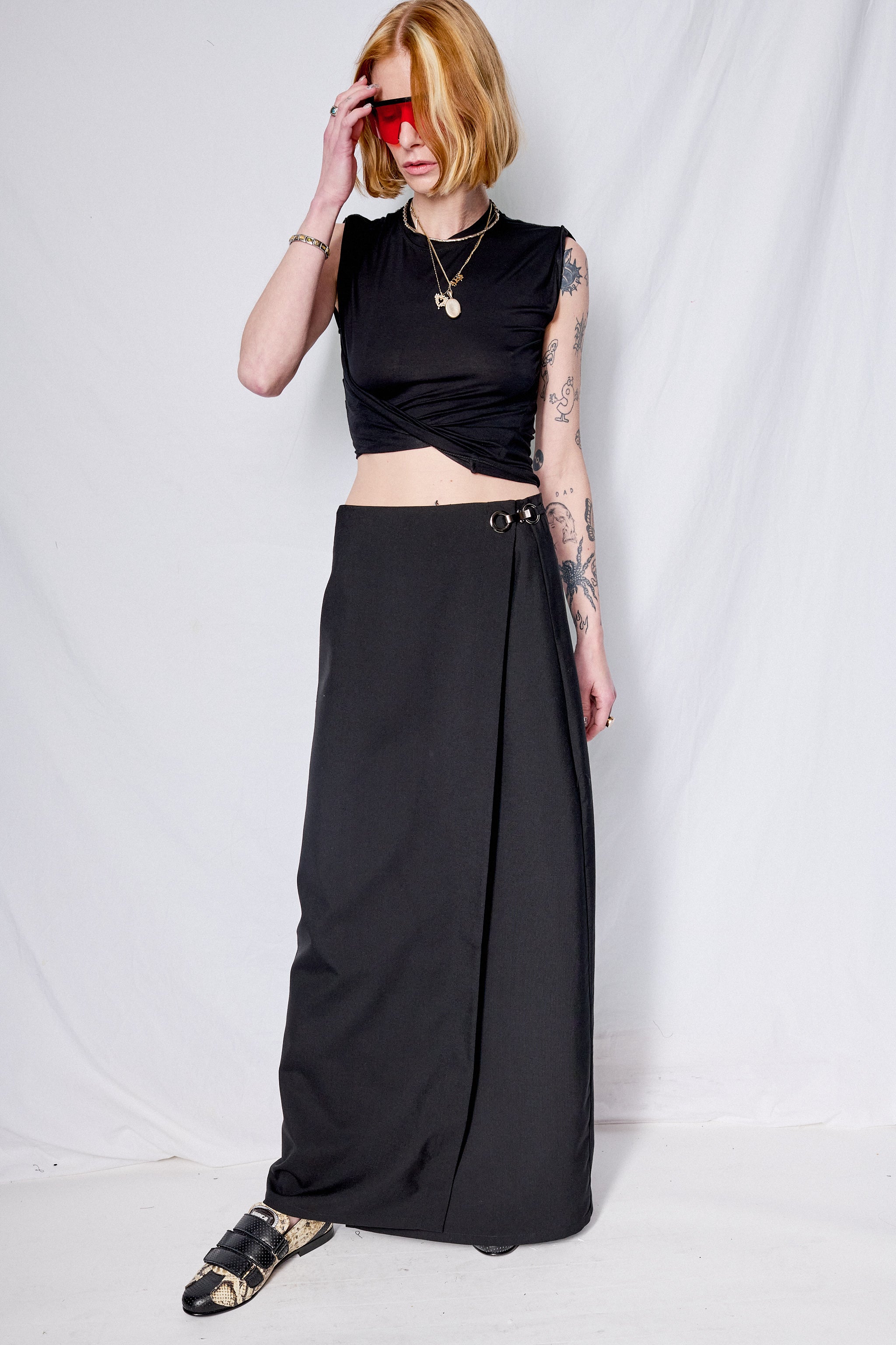 Black Suiting Long Wrap Skirt