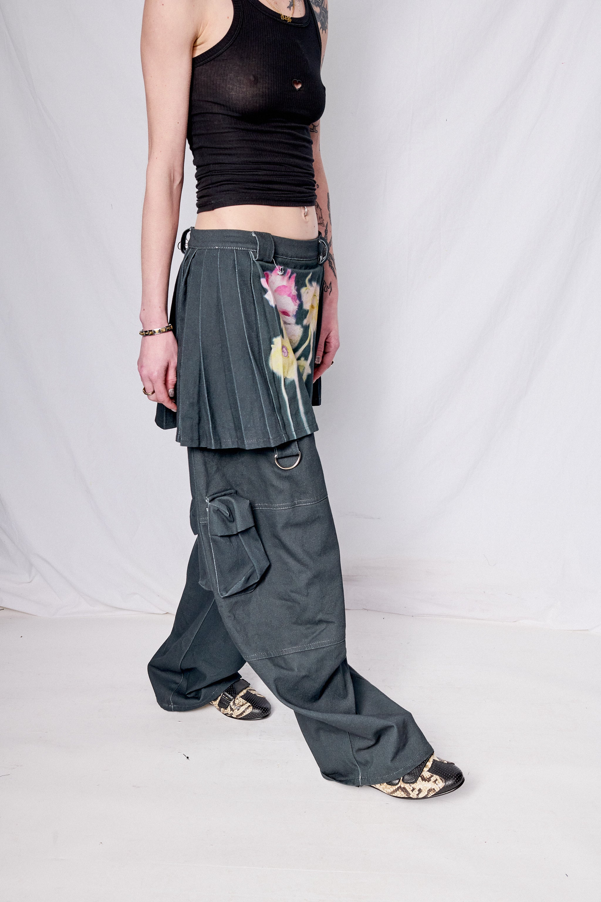 Black Flower Drip Lawn Skirt Cargo Pant - Collina Strada