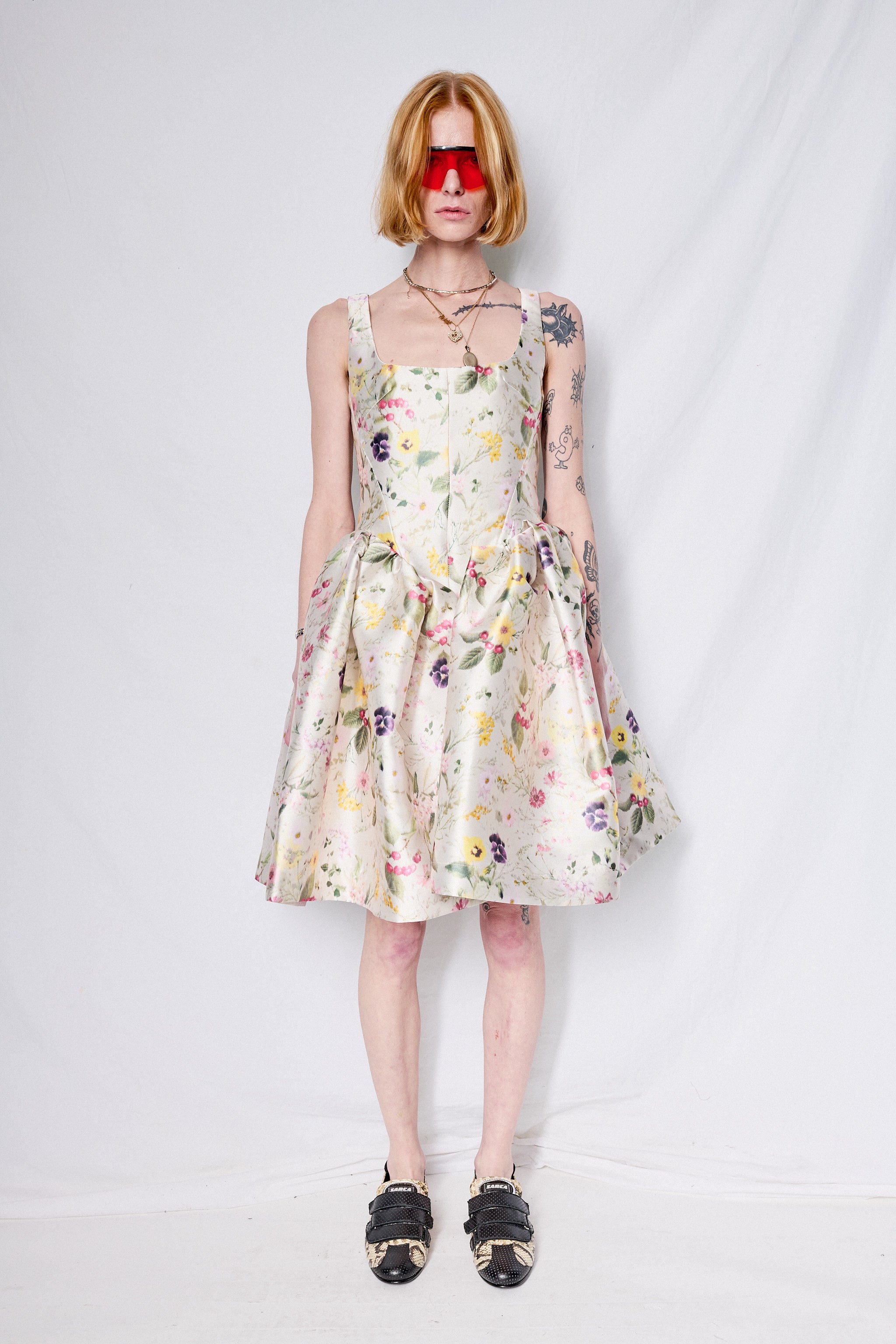 White Printed Heavy Satin Corset Style Short Princess Dress