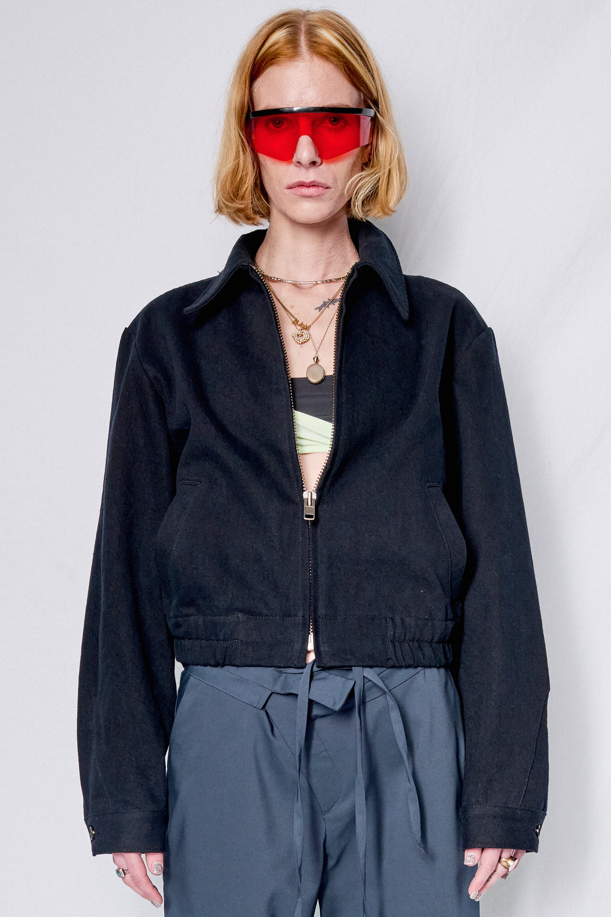 Black Denim Crop Zip Jacket