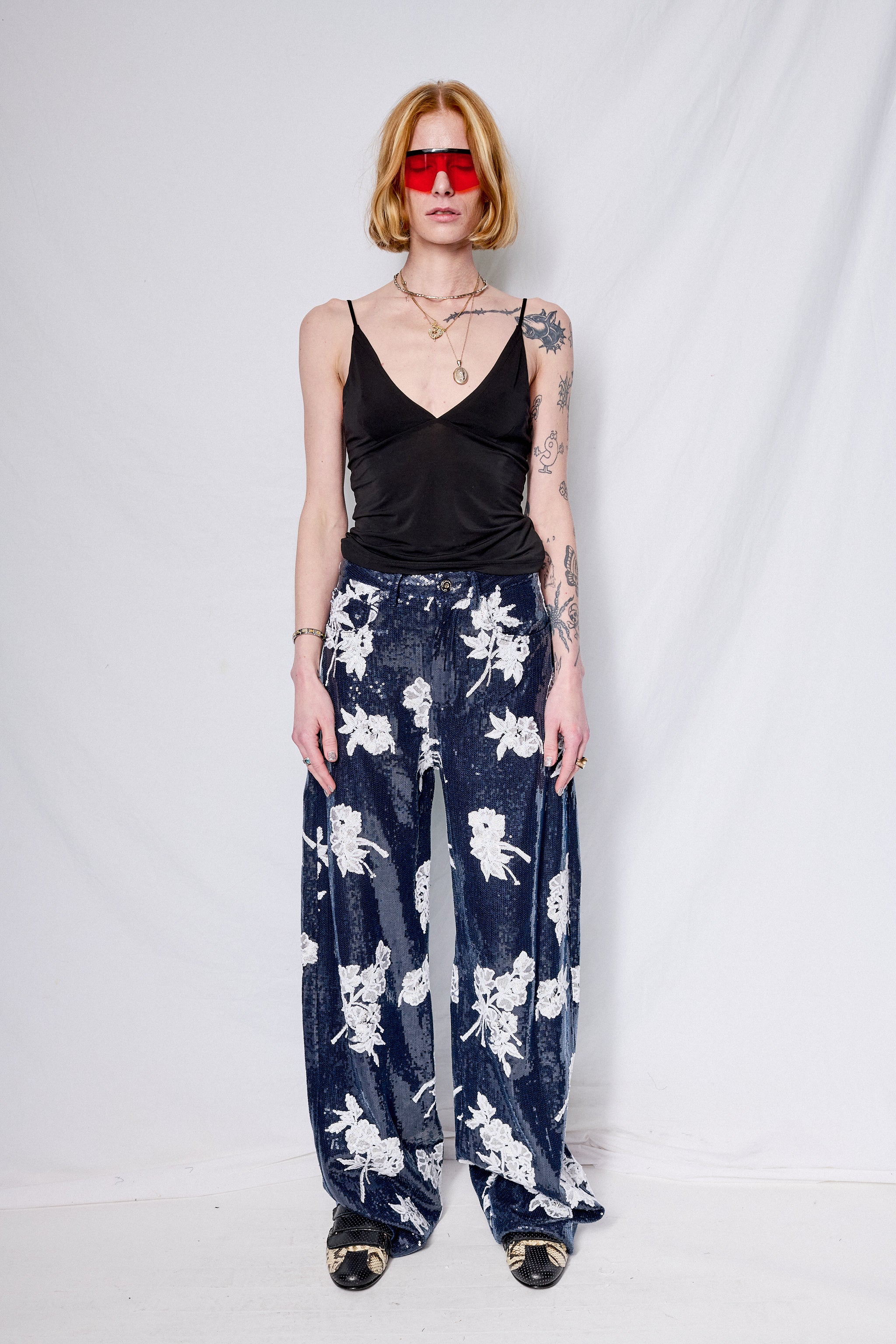 Navy Sequin Boyfriend Style Trousers