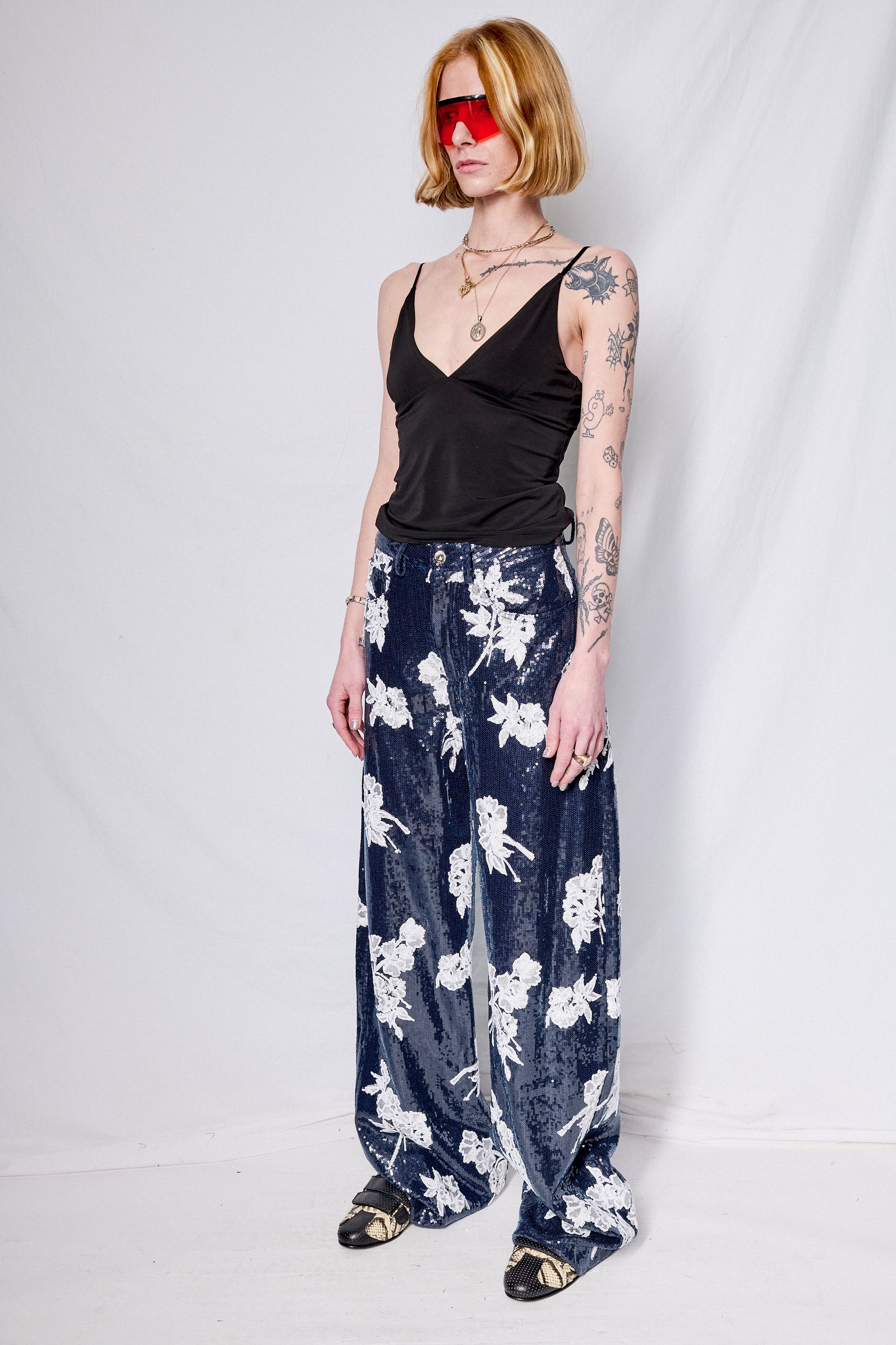 Navy Sequin Boyfriend Style Trousers